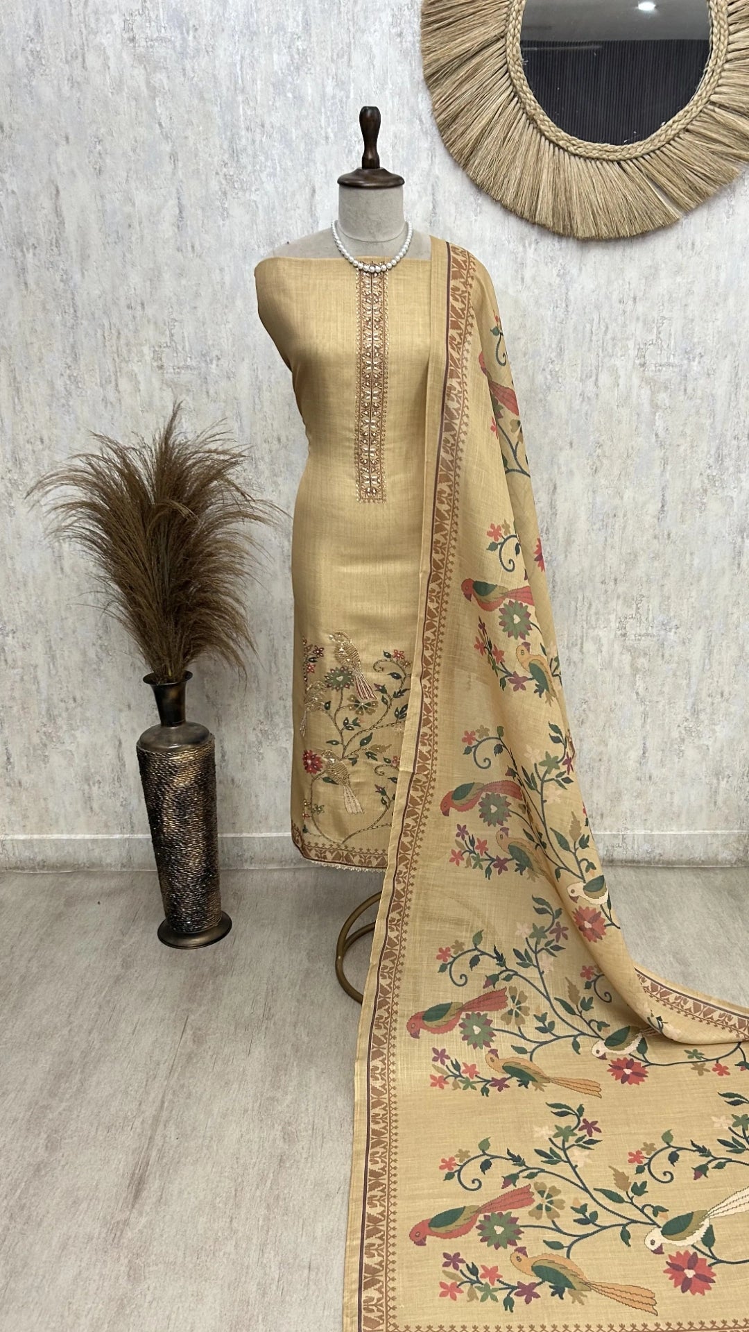 Tissue Linen Unstitched Suit Set with Bird Motif