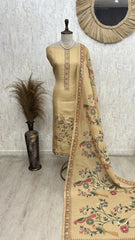 Tissue Linen Unstitched Suit Set with Bird Motif