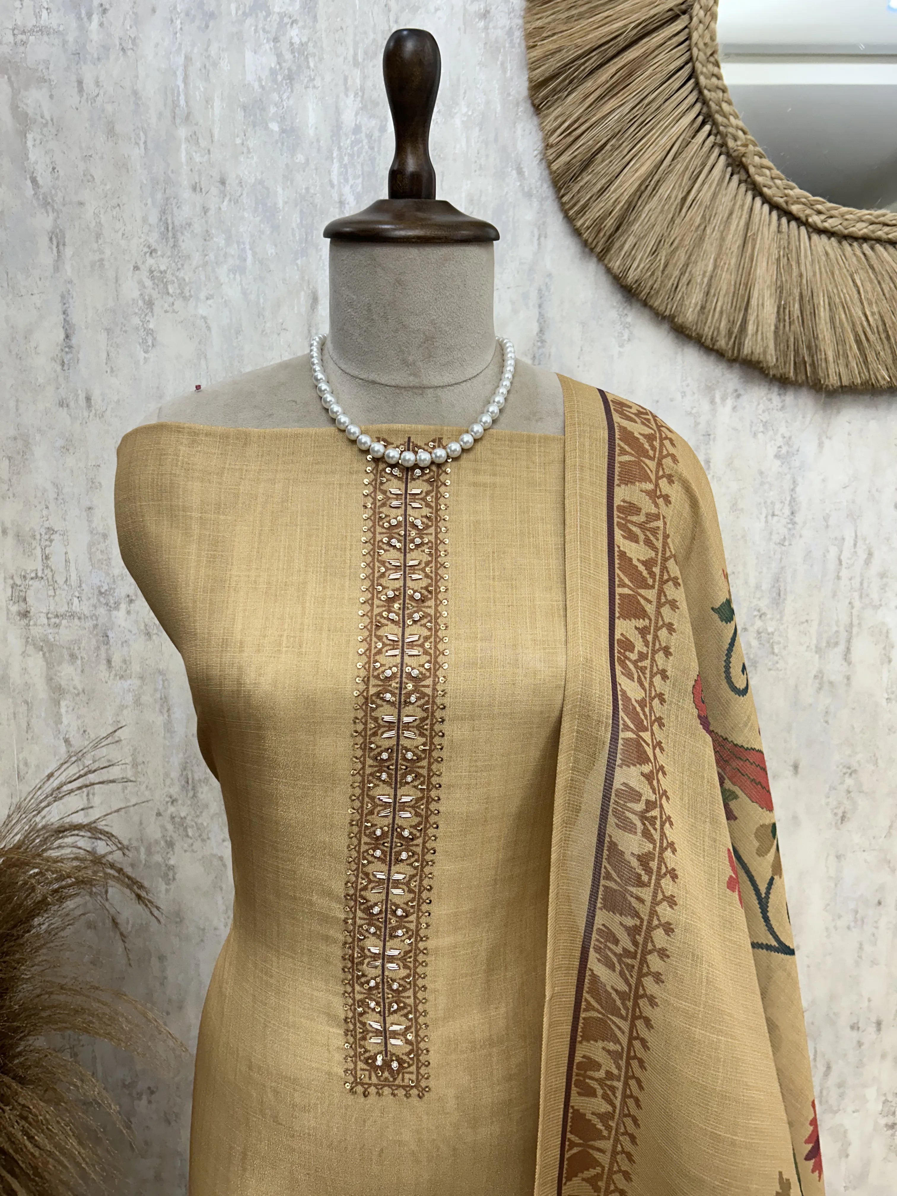 Tissue Linen Unstitched Suit Set with Bird Motif