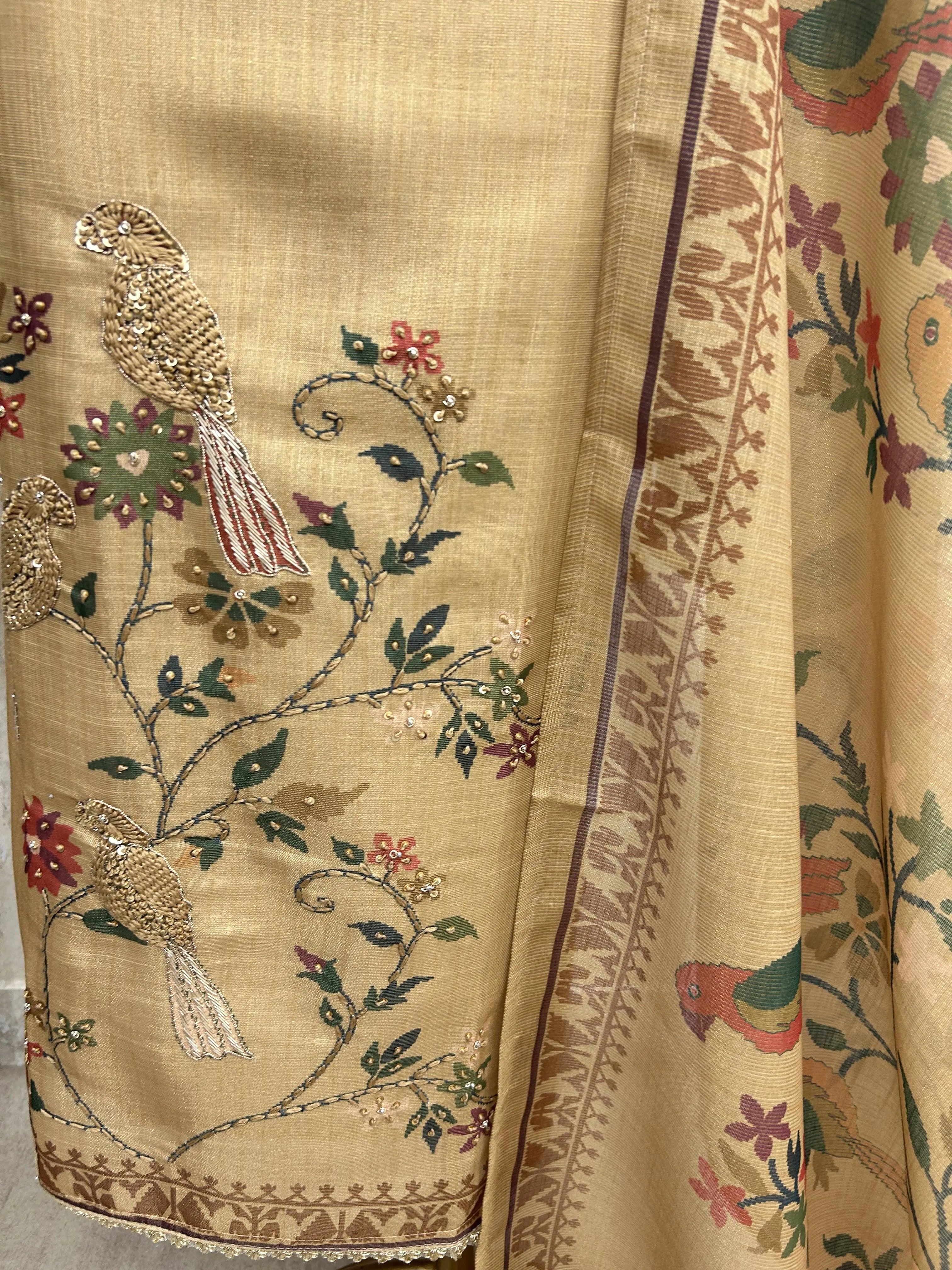 Tissue Linen Unstitched Suit Set with Bird Motif