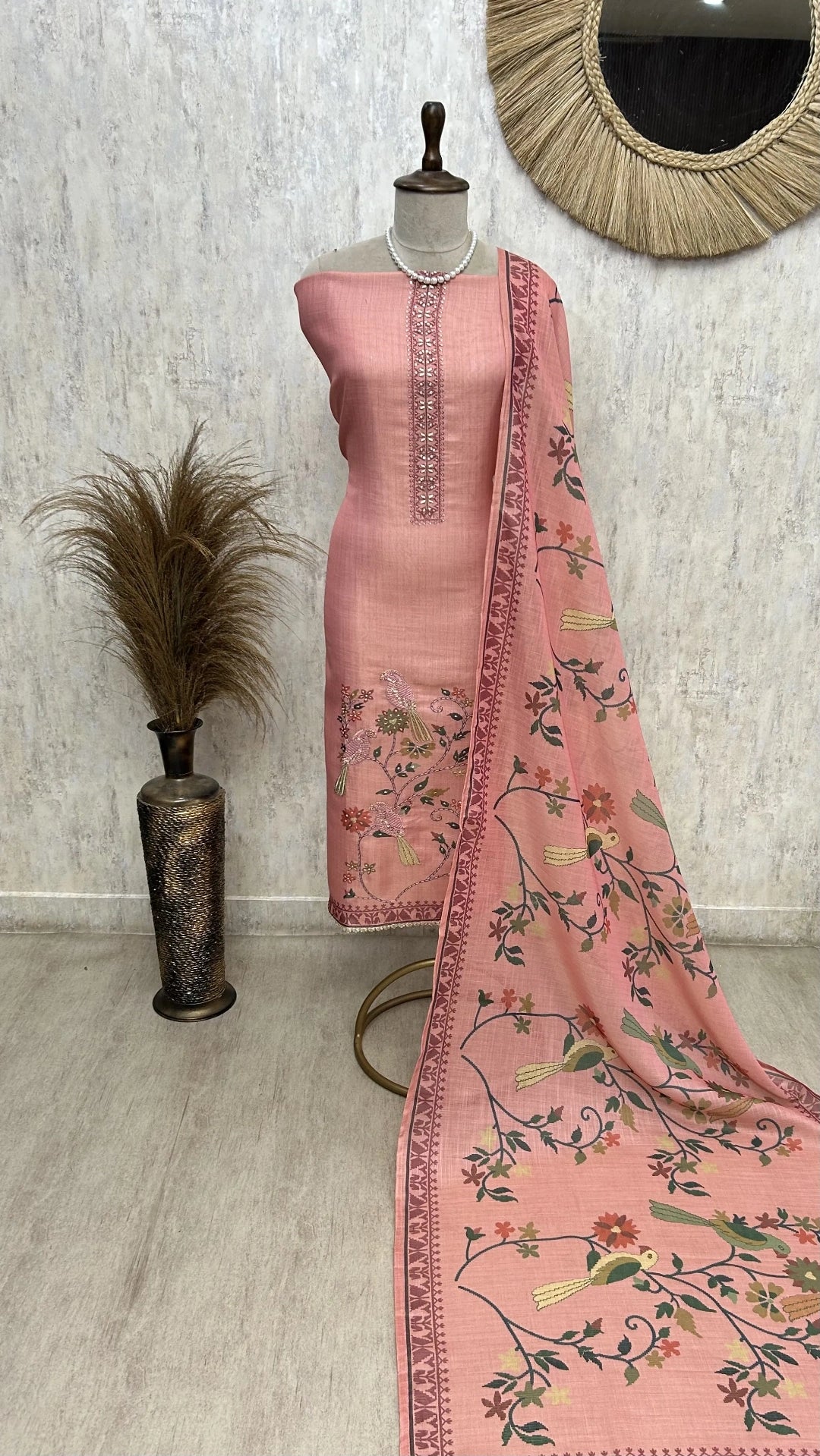 Tissue Linen Unstitched Suit Set with Bird Motif