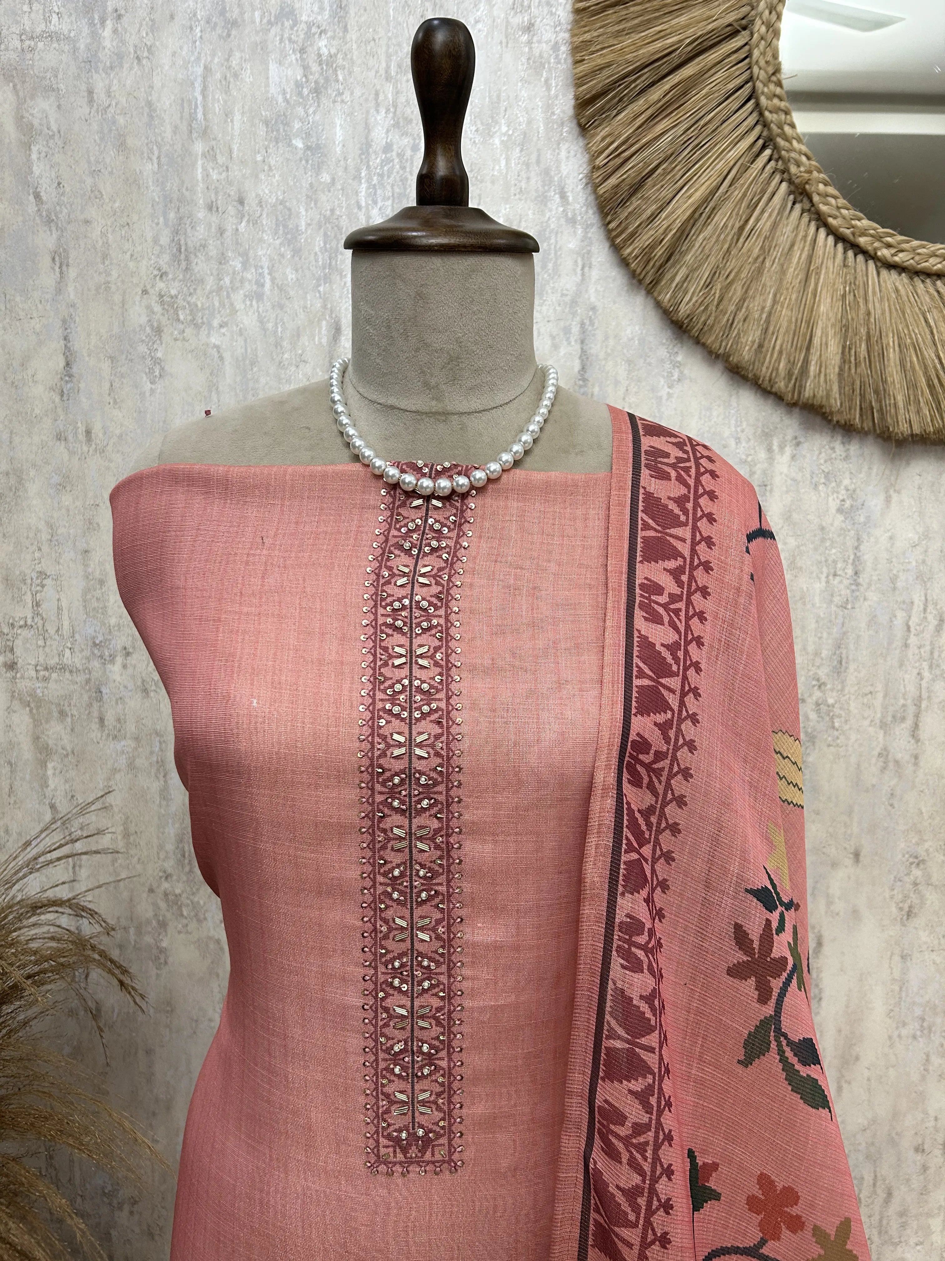 Tissue Linen Unstitched Suit Set with Bird Motif