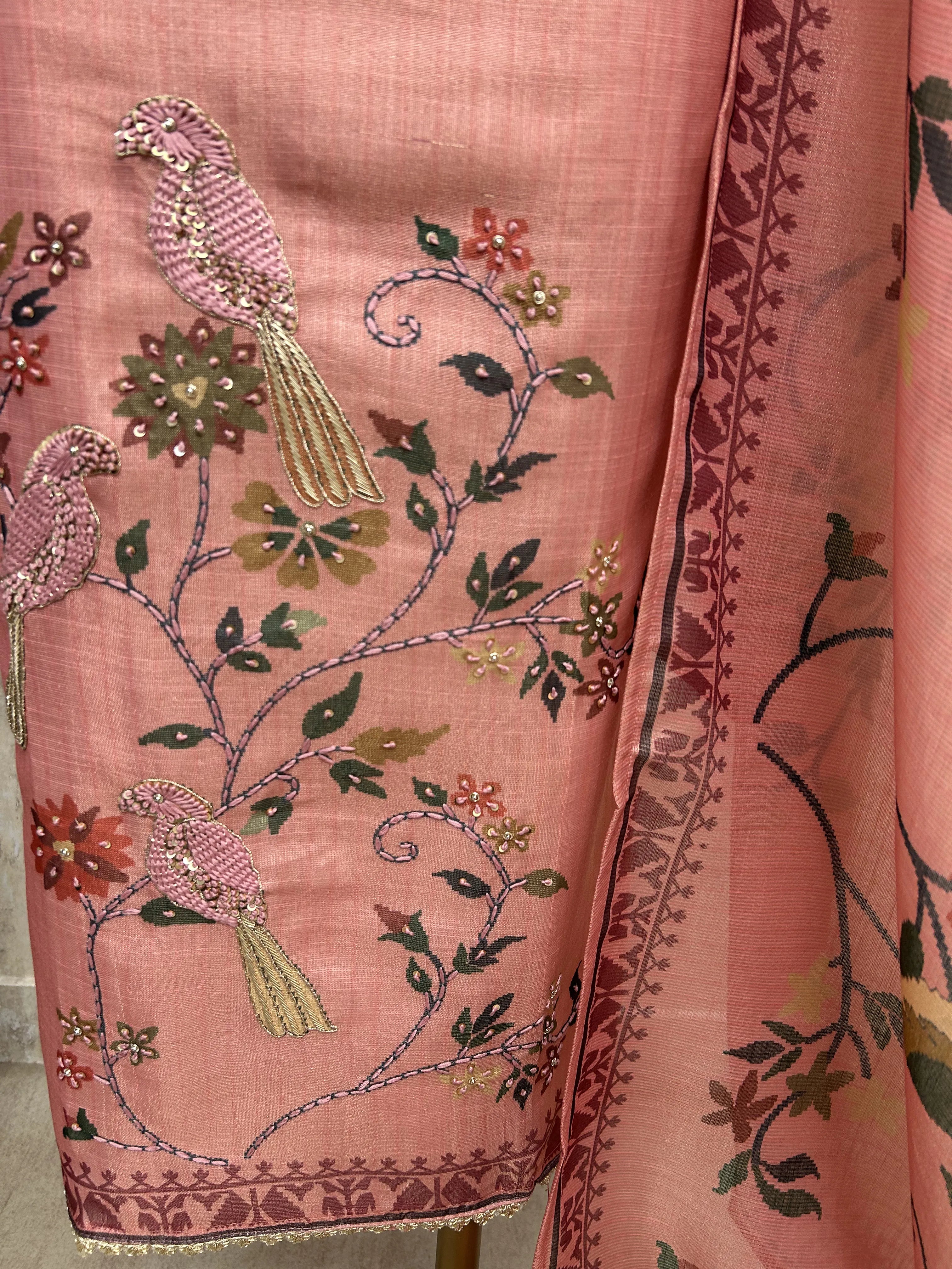 Tissue Linen Unstitched Suit Set with Bird Motif