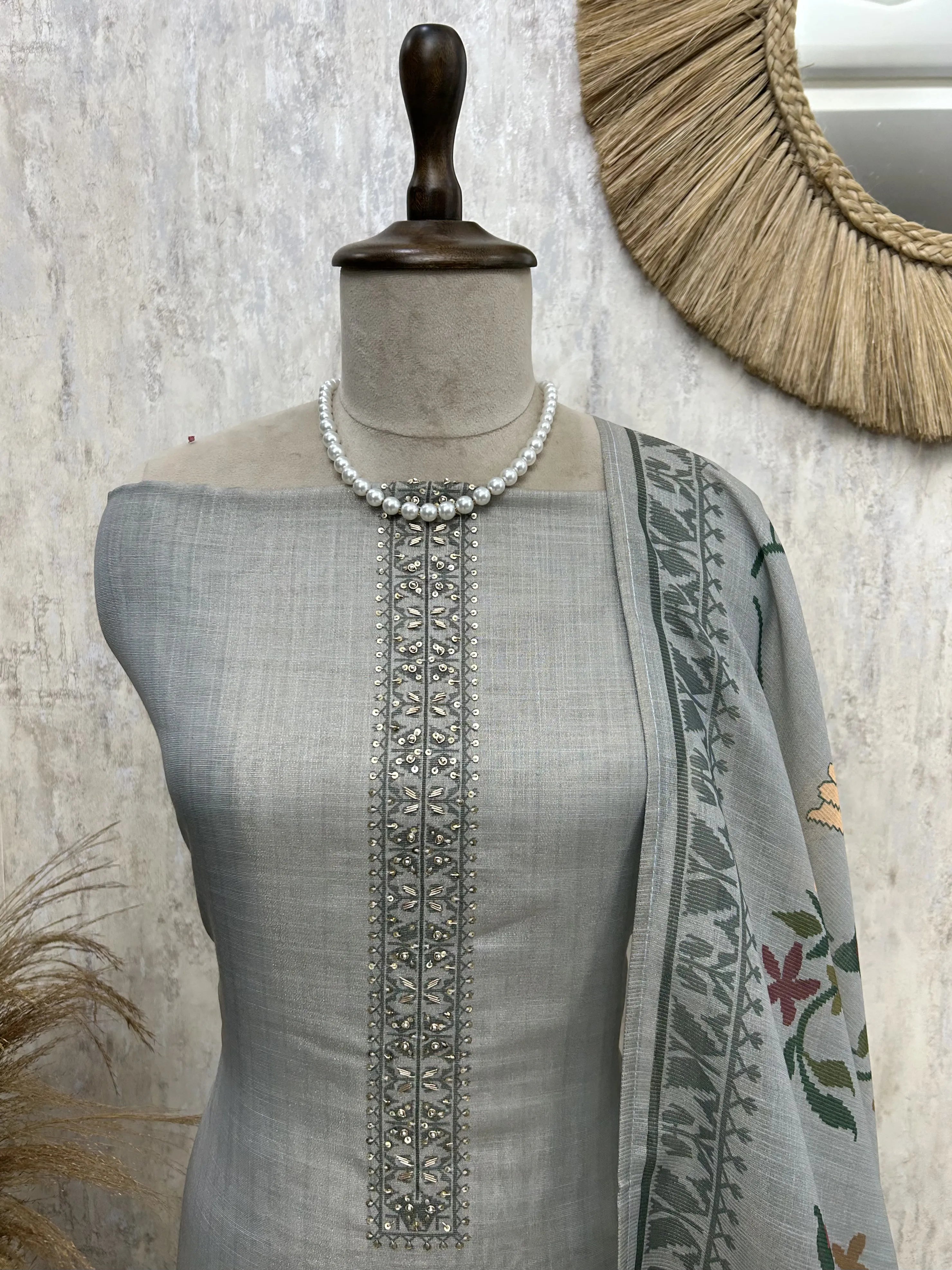 Tissue Linen Unstitched Suit Set with Bird Motif