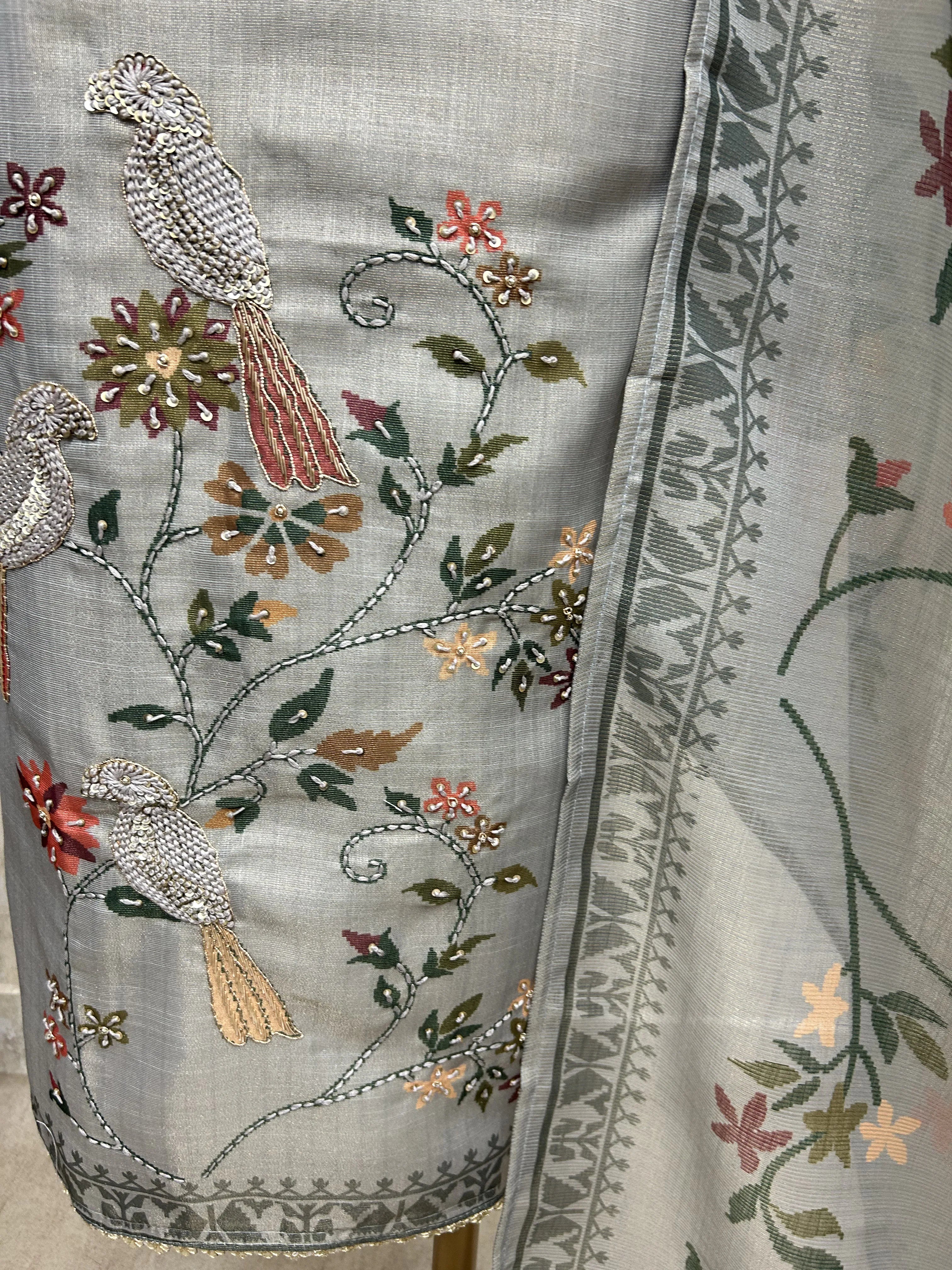 Tissue Linen Unstitched Suit Set with Bird Motif