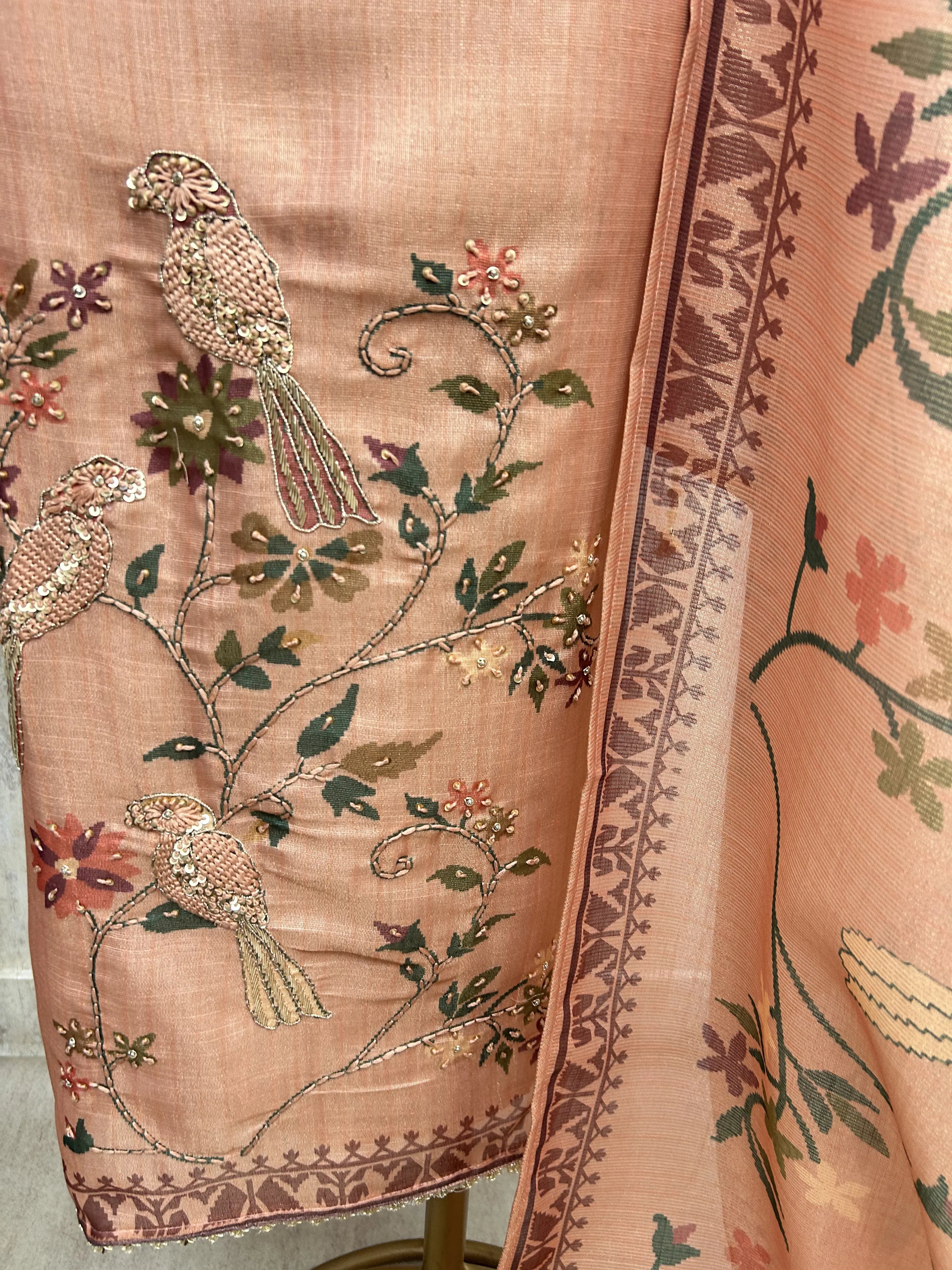 Tissue Linen Unstitched Suit Set with Bird Motif