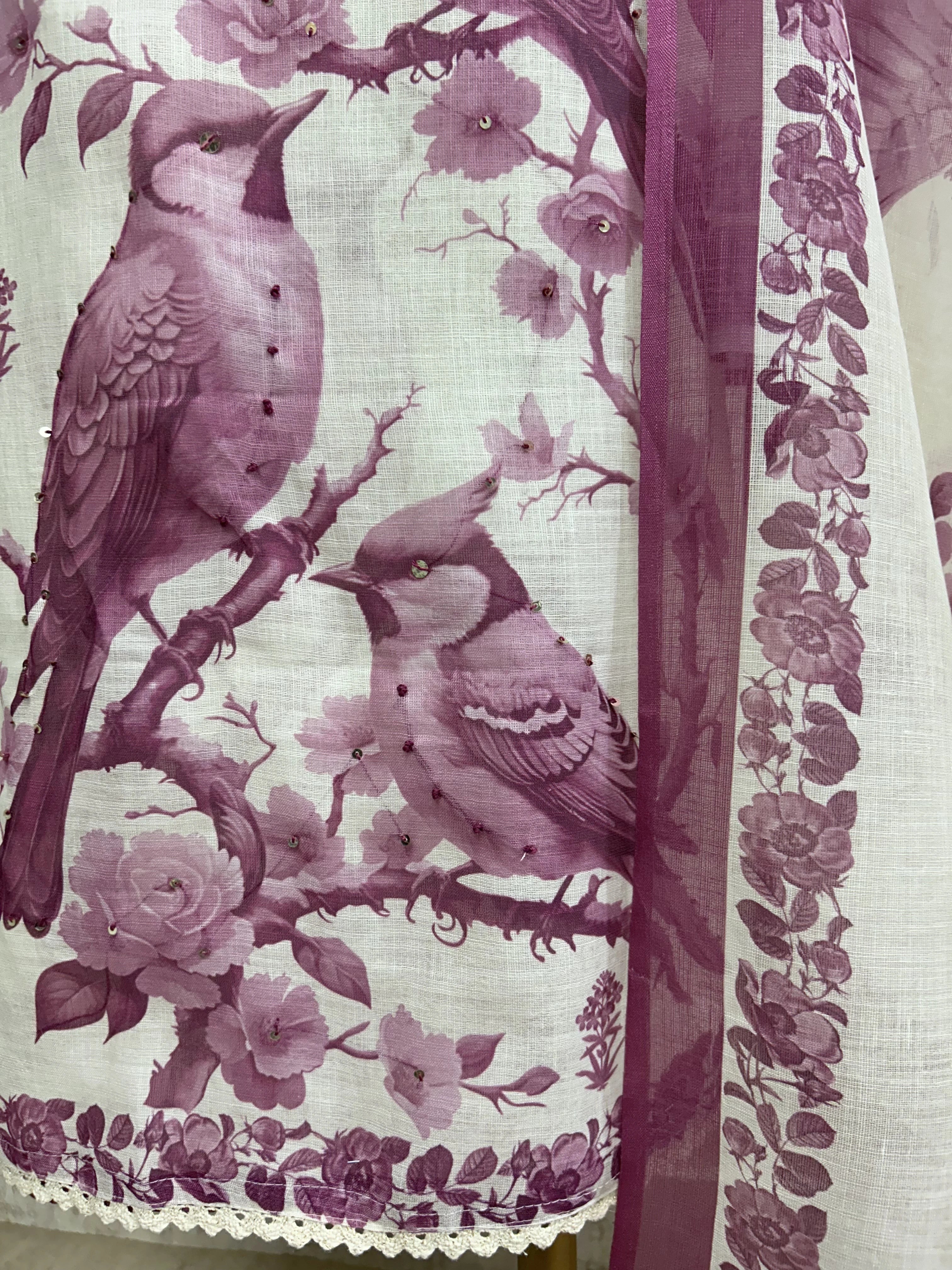 Bird Print Jamdani Linen Unstitched Suit Set