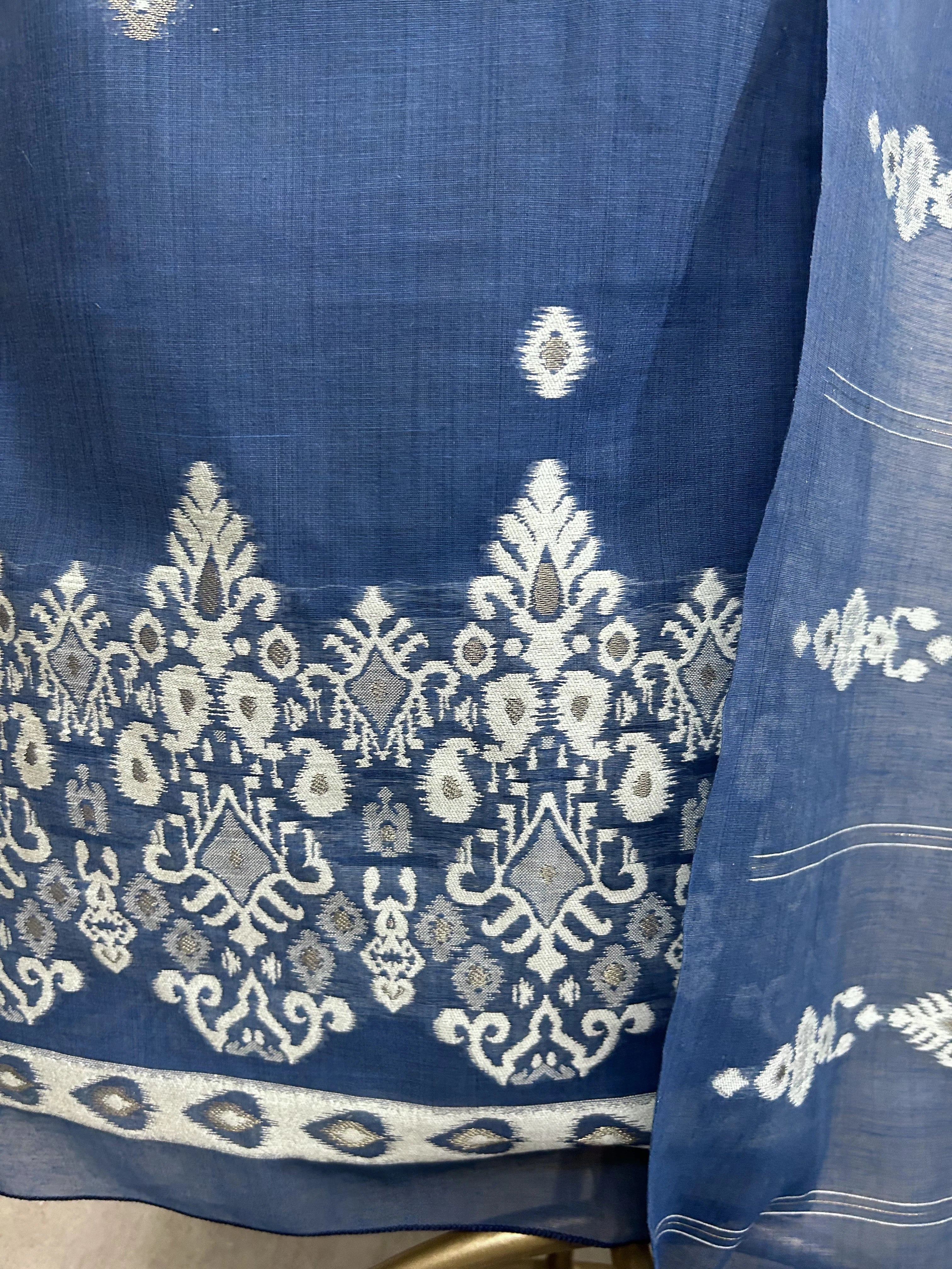Indigo Jamdani Woven Linen Unstitched Suit Set