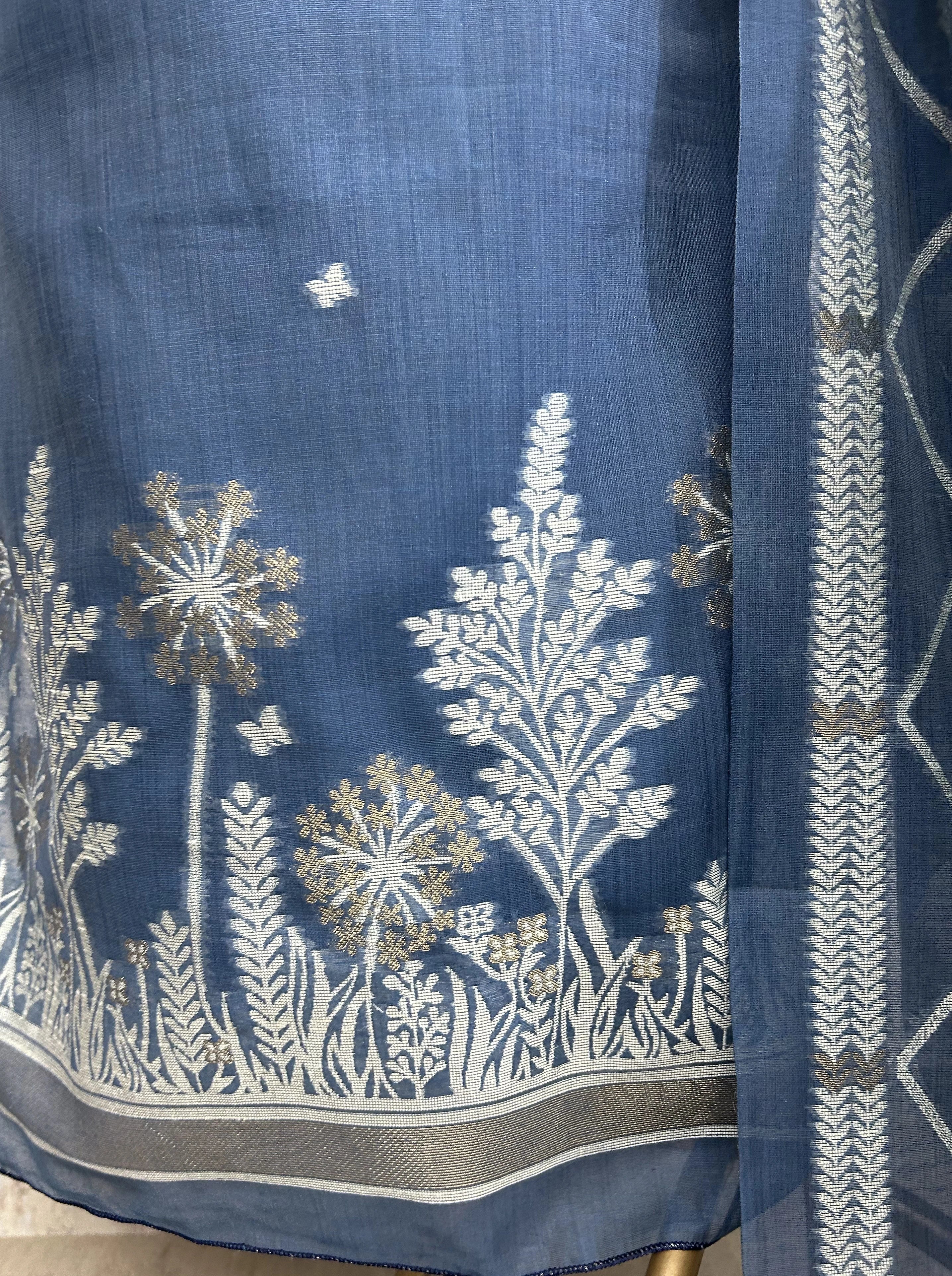 Indigo Jamdani Woven Linen Unstitched Suit Set
