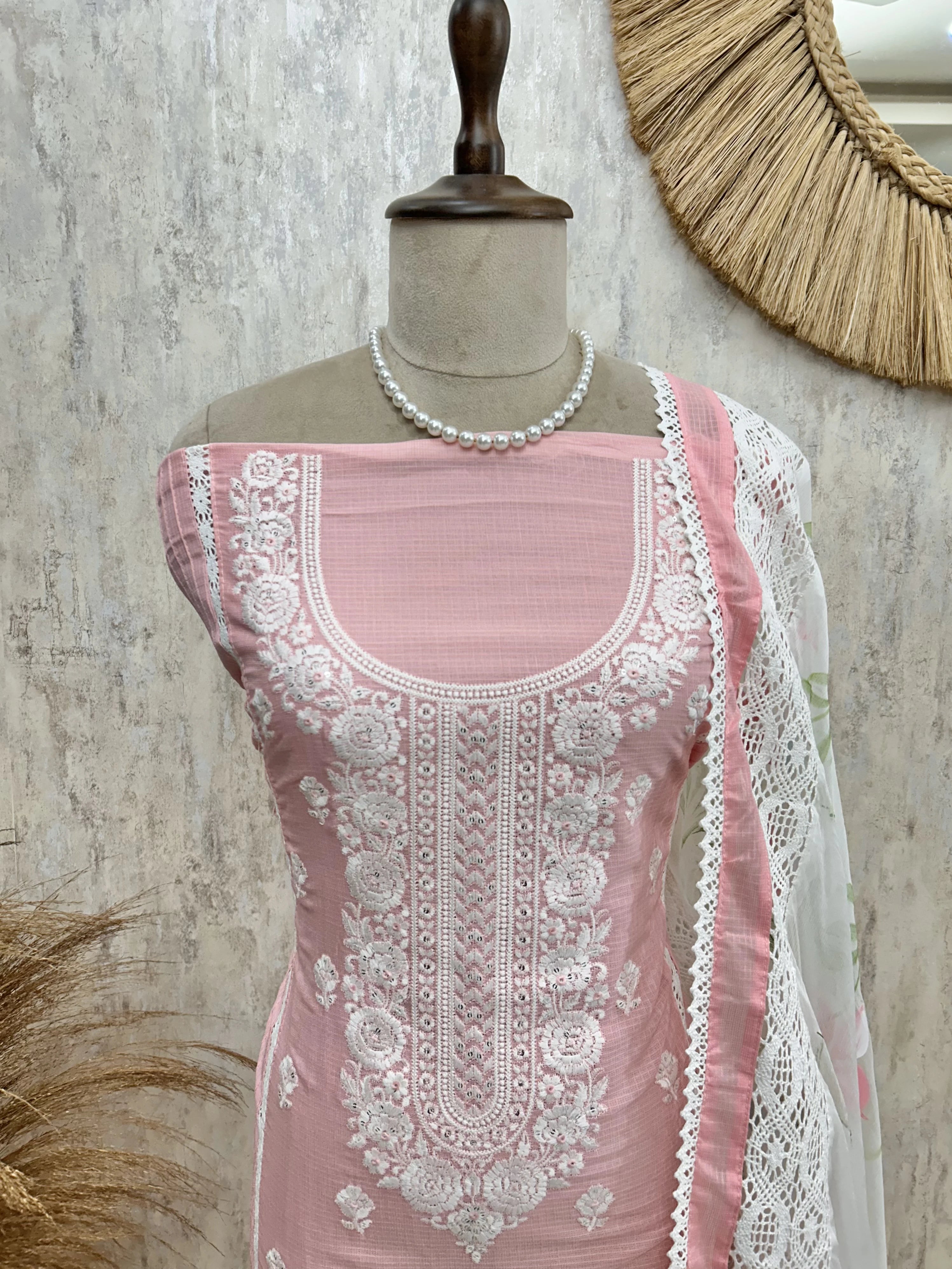 Thread Embroidered Neckline & Floral Motif Kota Unstitched Suit Set