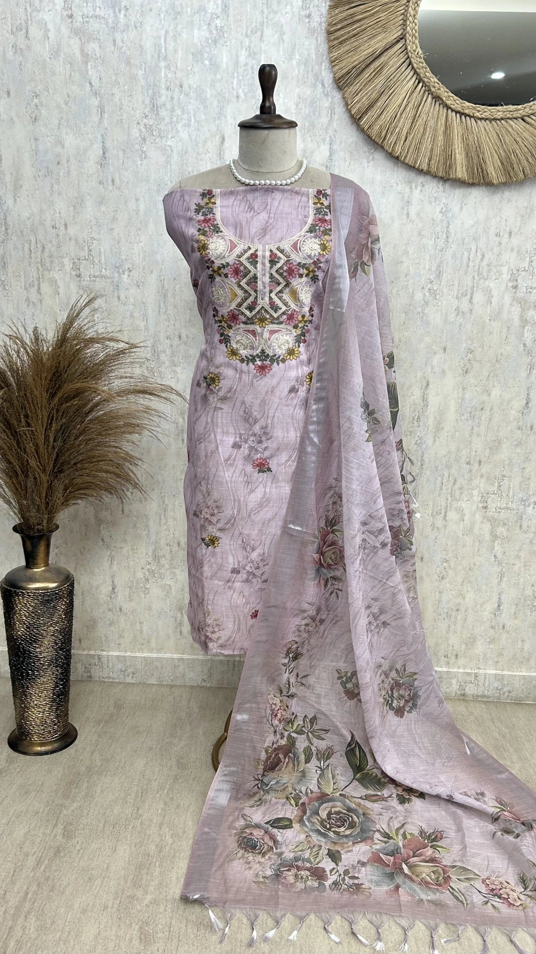 Printed & Thread Embroidered Jamdani Linen Unstitched Suit Set