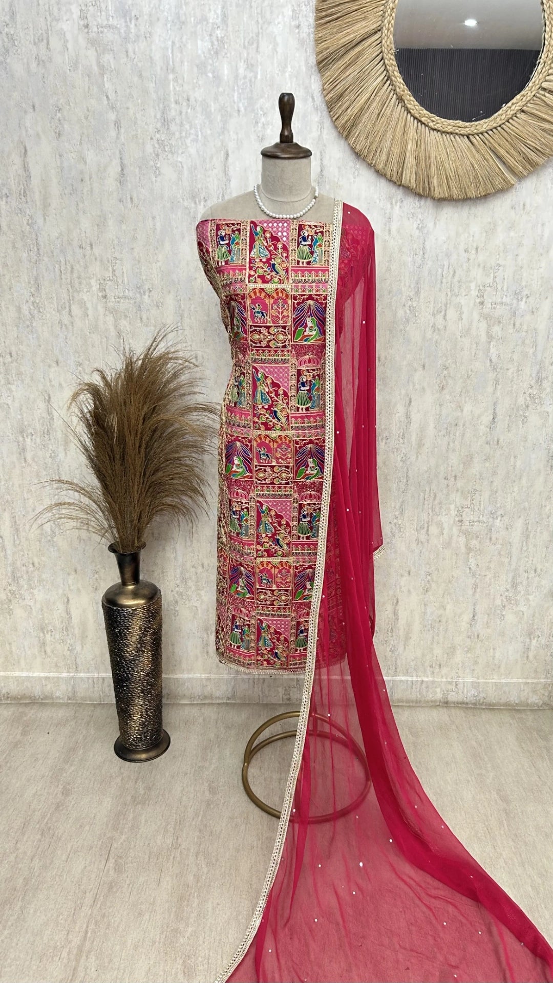 Semi Crepe Unstitched Suit with traditional motifs