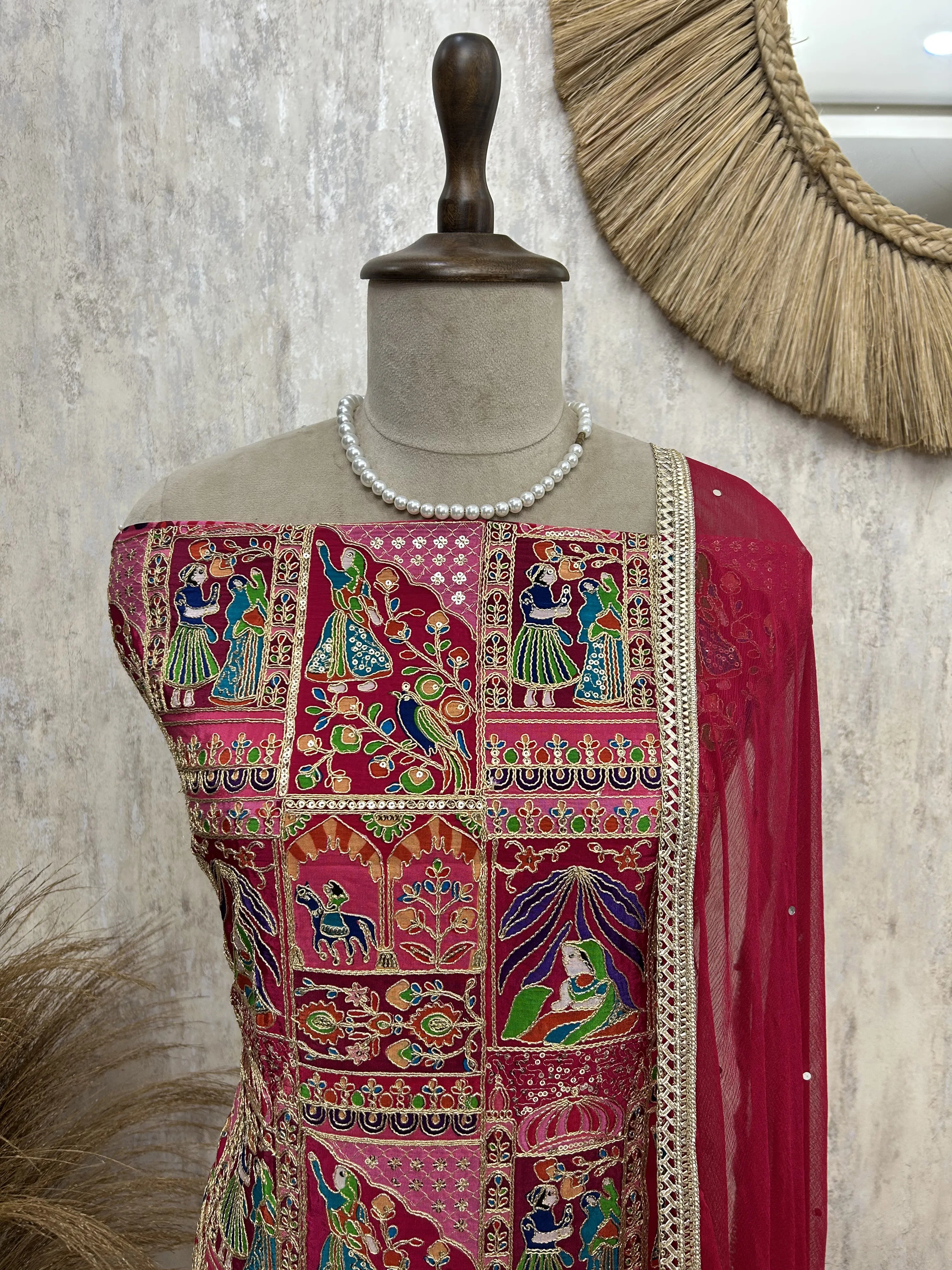 Semi Crepe Unstitched Suit with traditional motifs