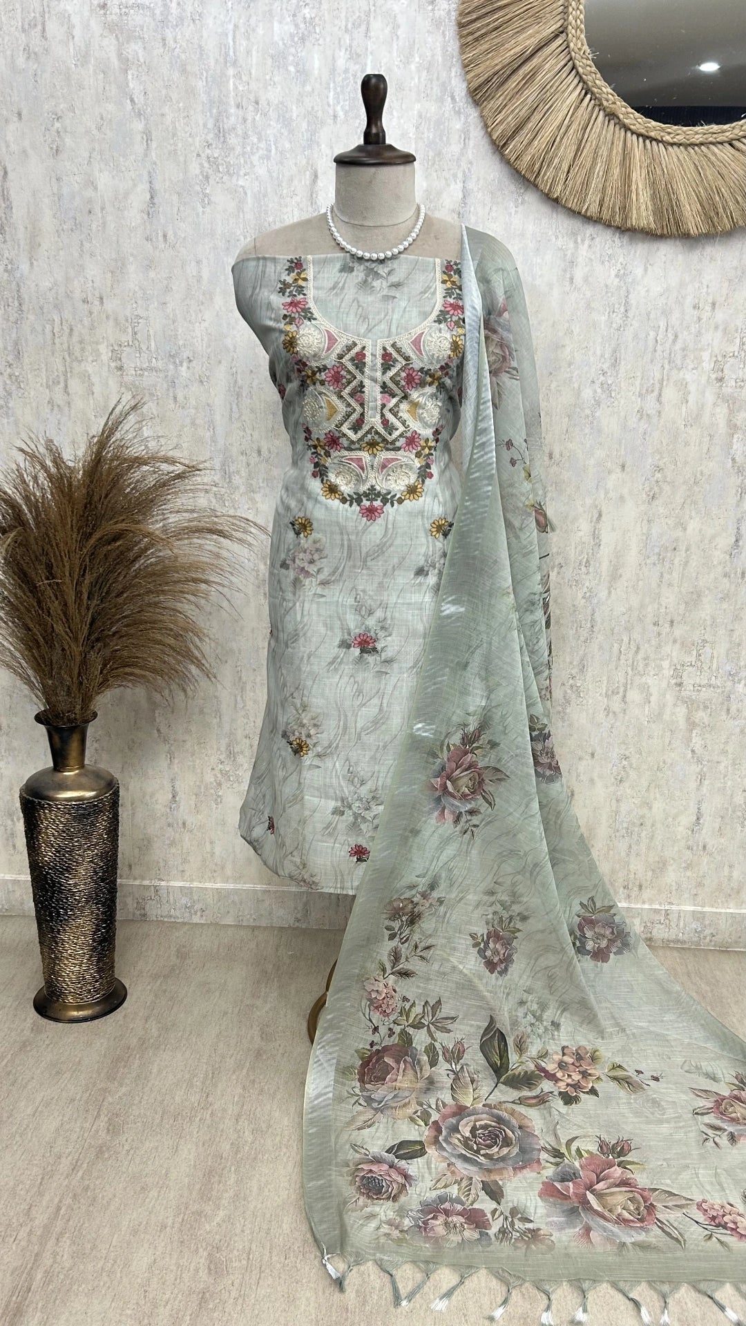 Printed & Thread Embroidered Jamdani Linen Unstitched Suit Set