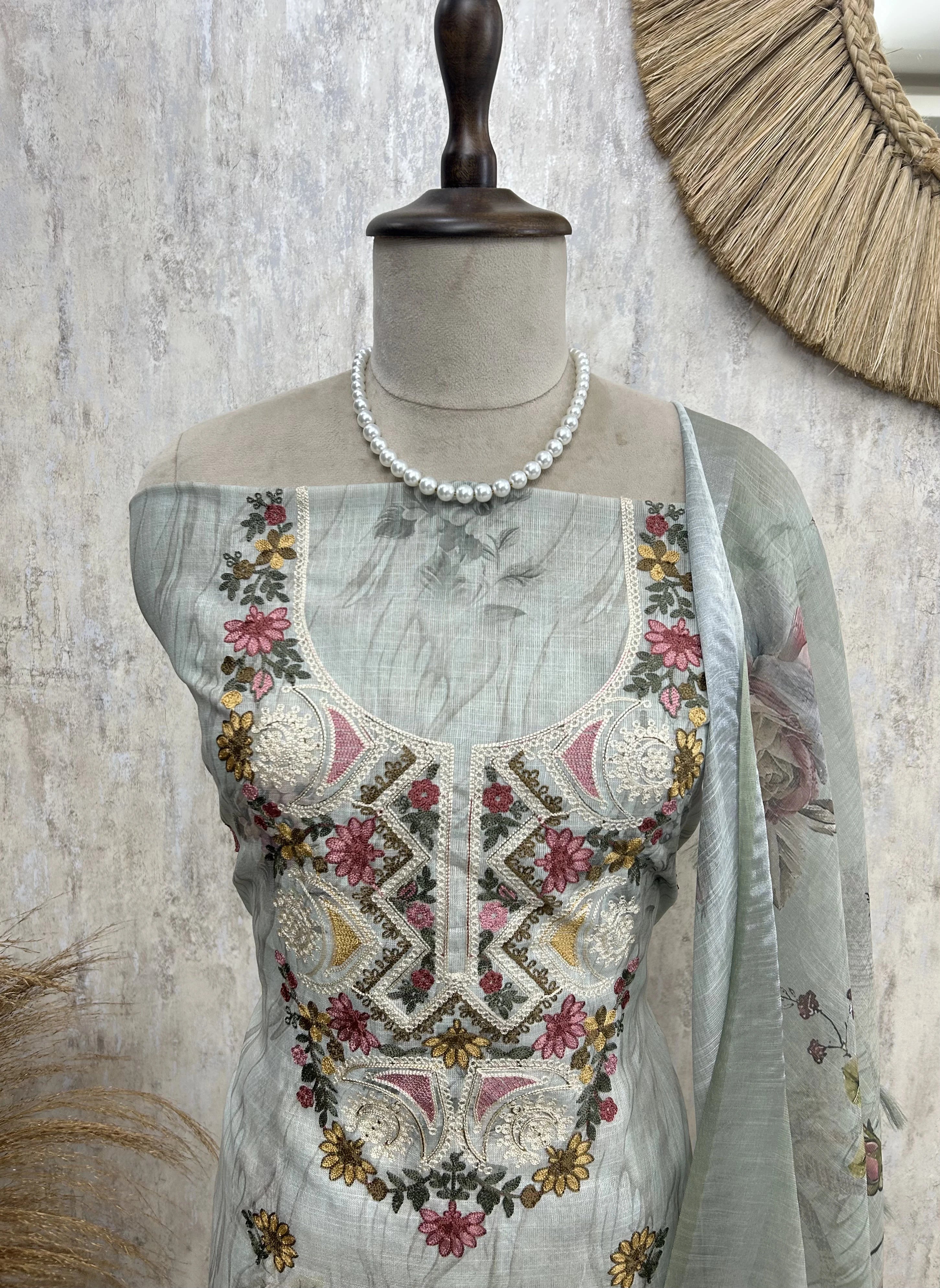 Printed & Thread Embroidered Jamdani Linen Unstitched Suit Set