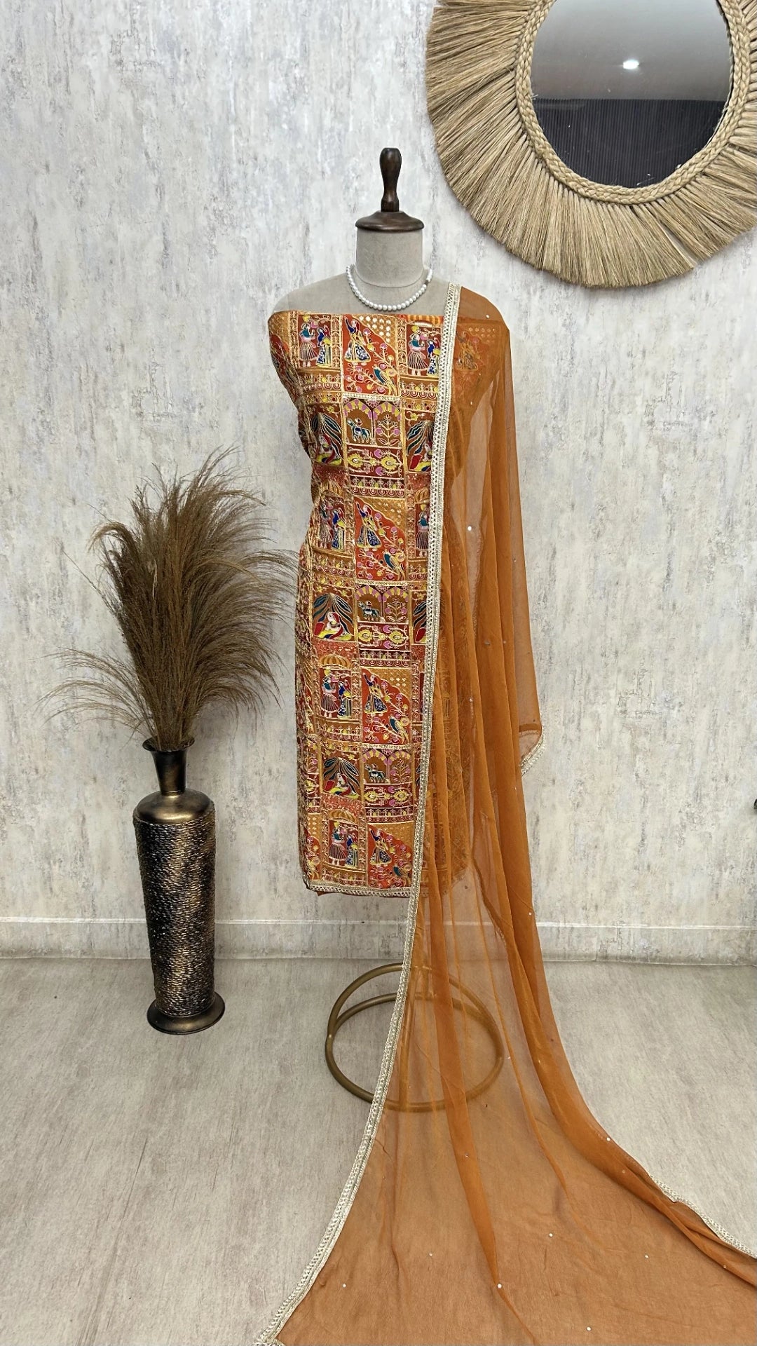Semi Crepe Unstitched Suit with traditional motifs