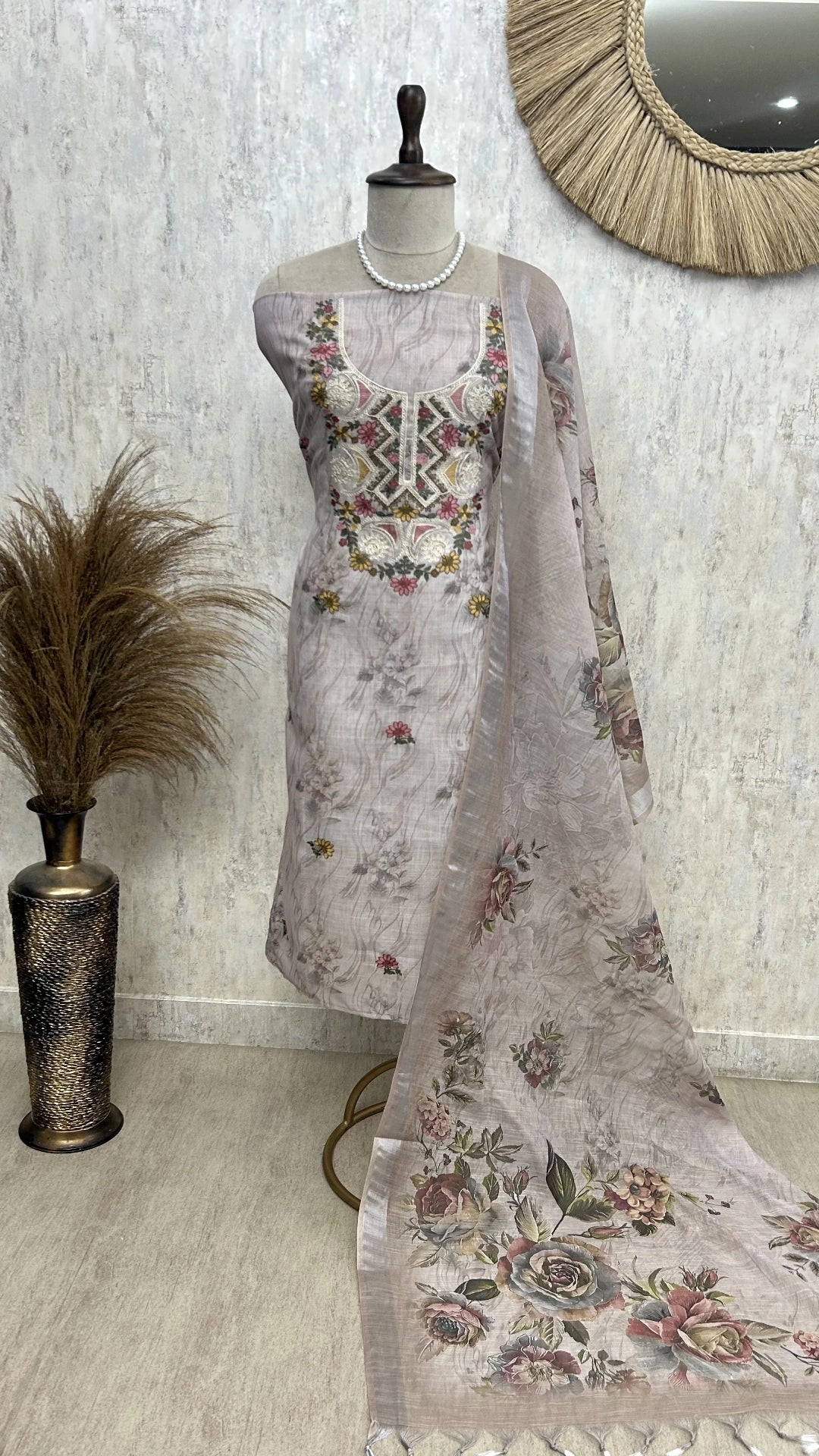 Printed & Thread Embroidered Jamdani Linen Unstitched Suit Set