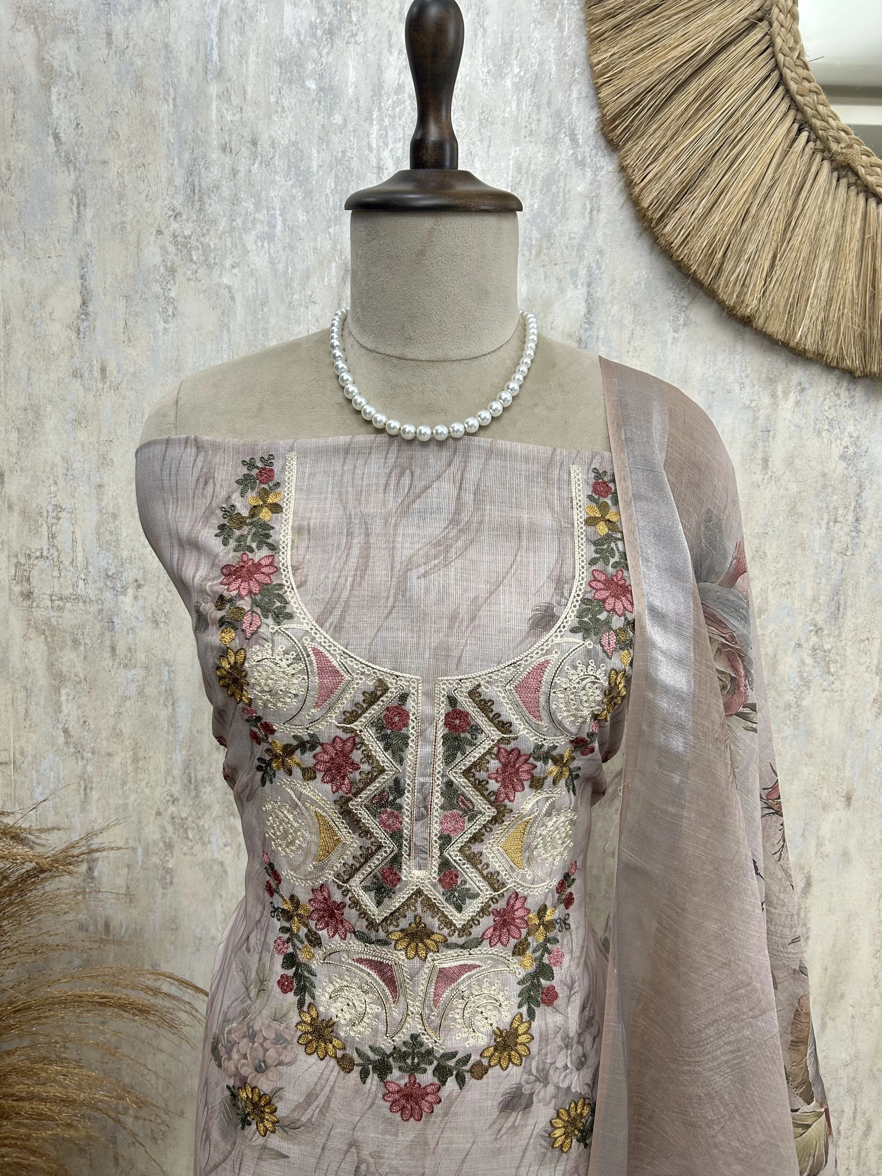 Printed & Thread Embroidered Jamdani Linen Unstitched Suit Set