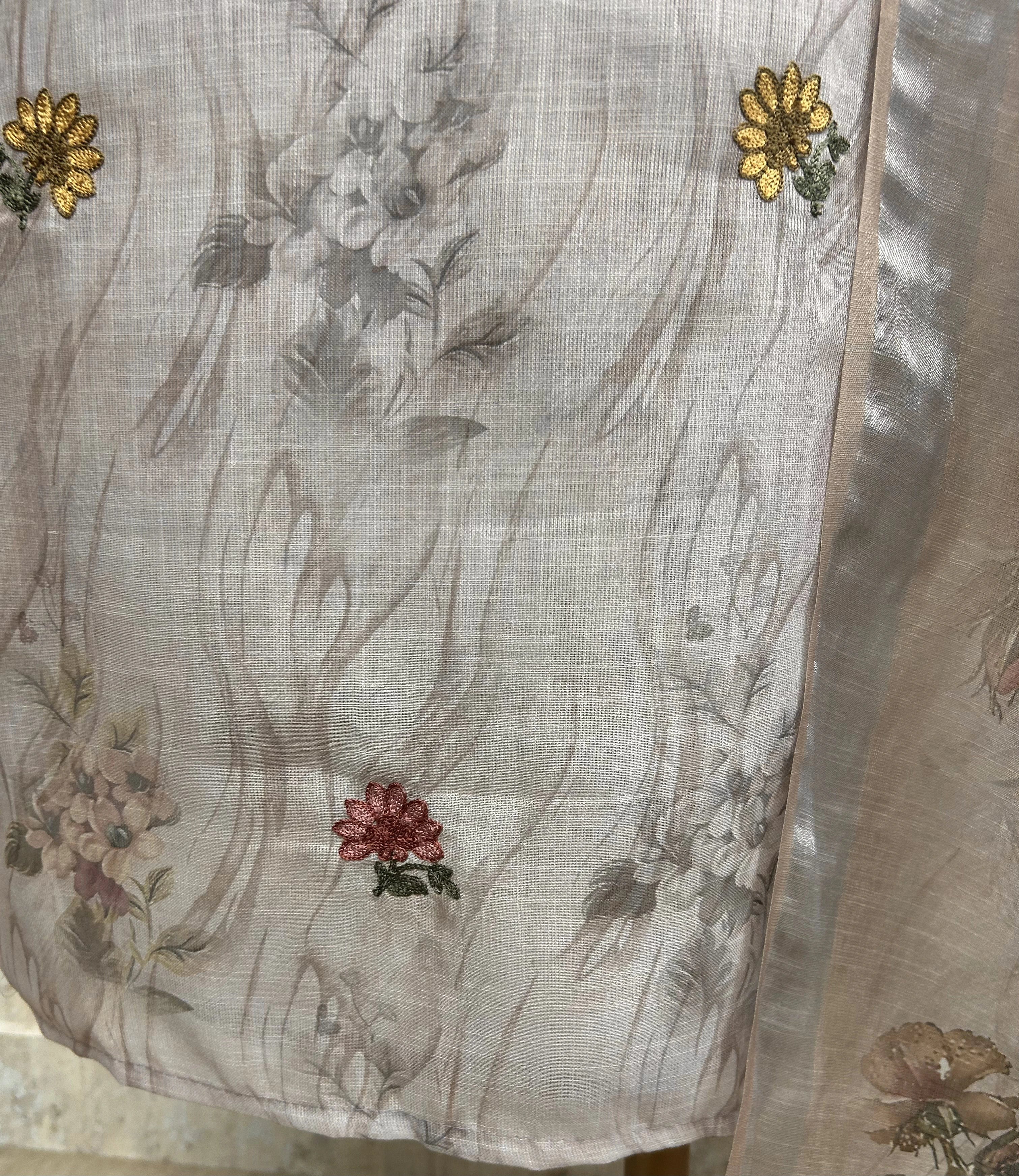 Printed & Thread Embroidered Jamdani Linen Unstitched Suit Set