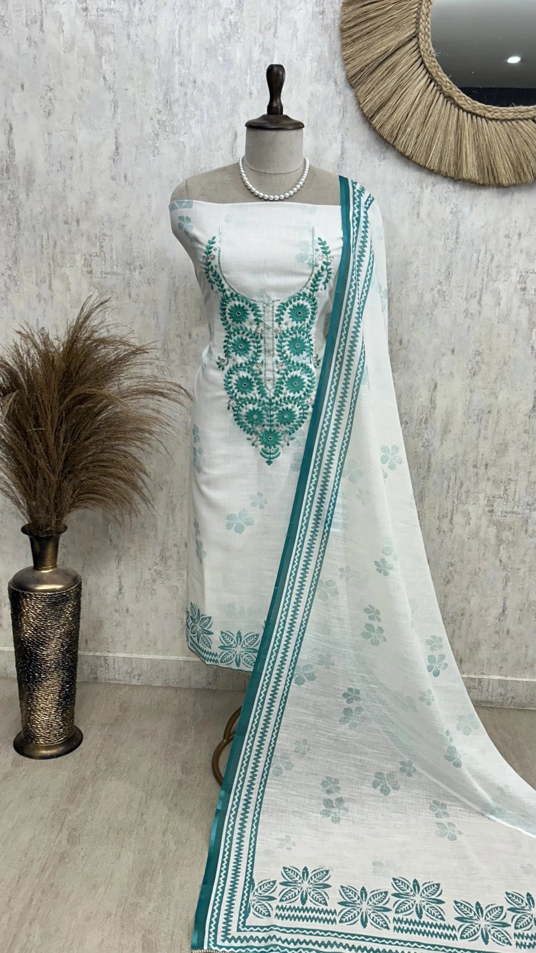 Thread Embroidered Semi Linen Unstitched Suit Set