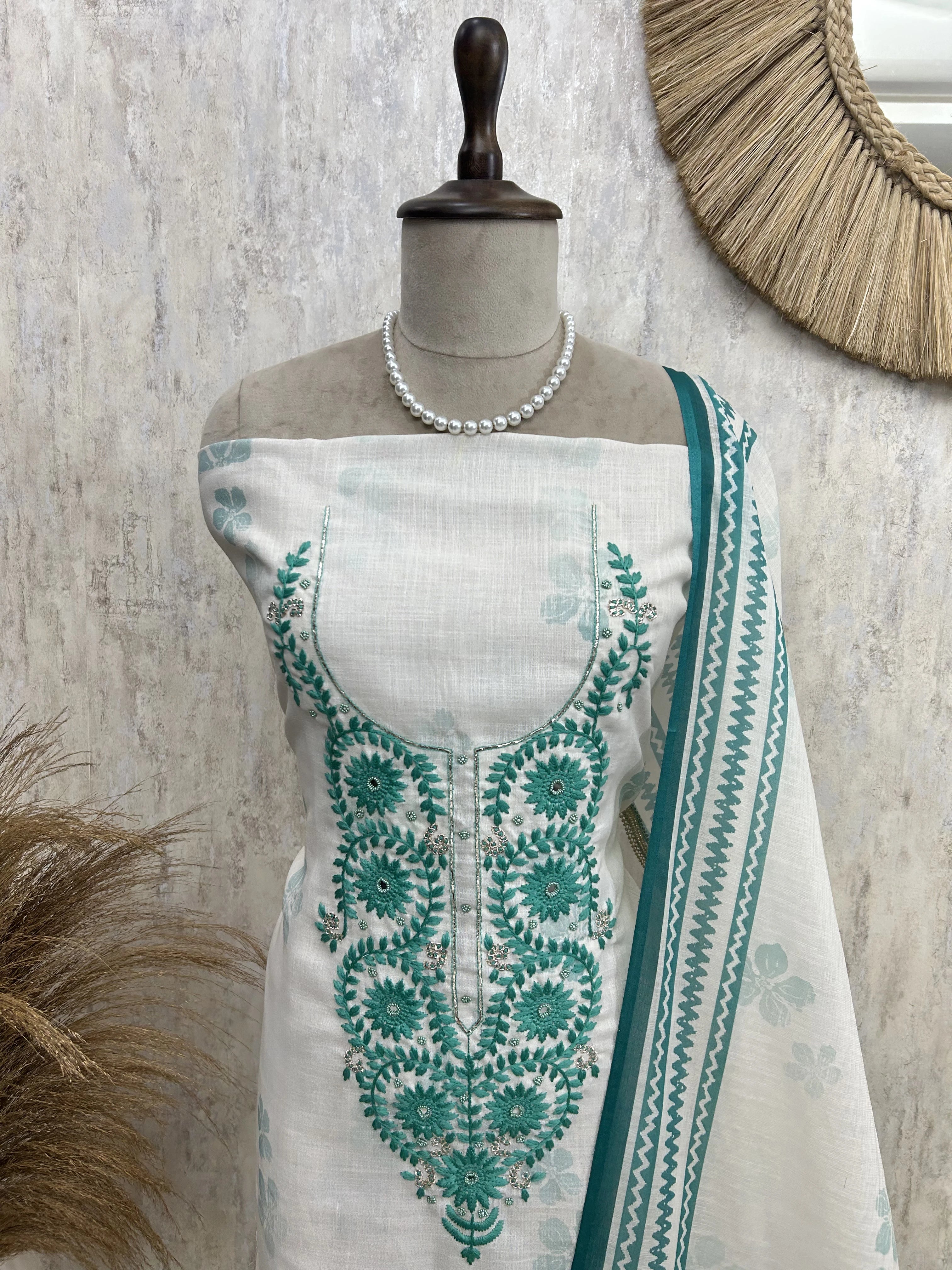 Thread Embroidered Semi Linen Unstitched Suit Set