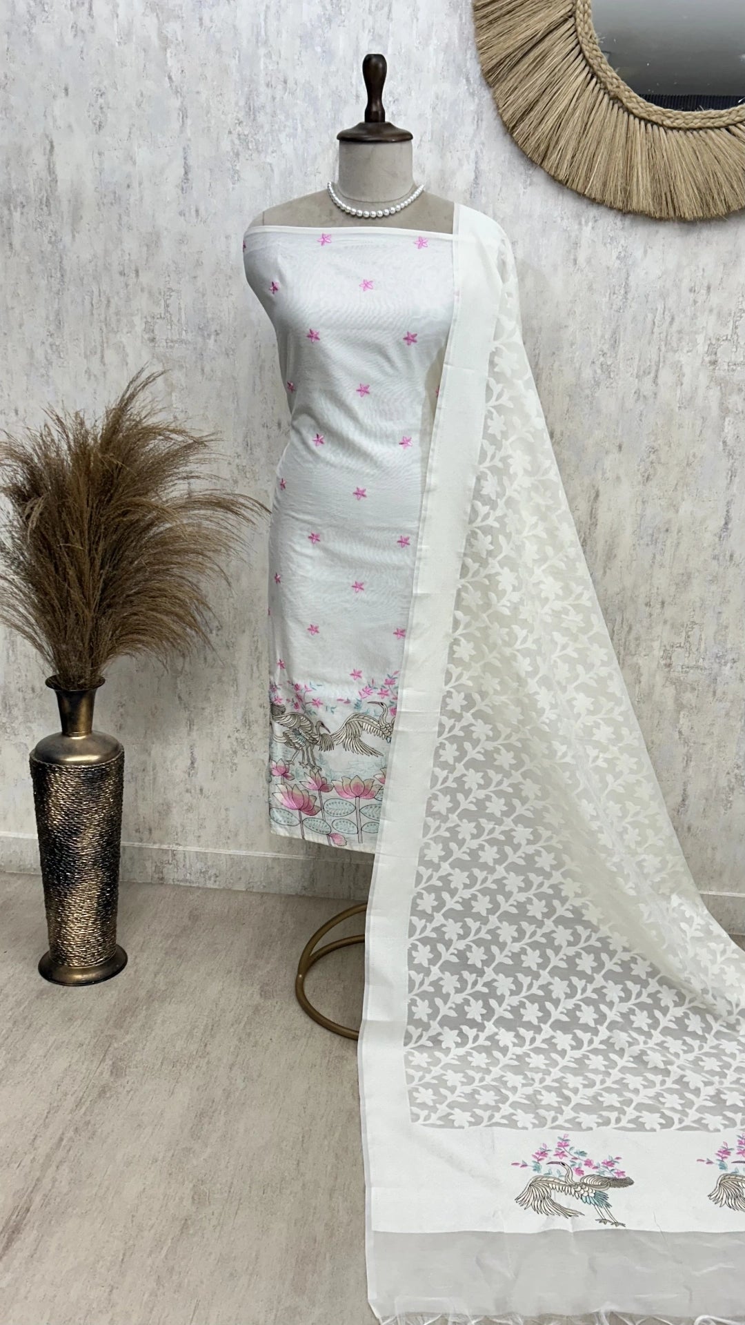 Thread Flamingo Pattern Mul Chanderi Unstitched Suit Set