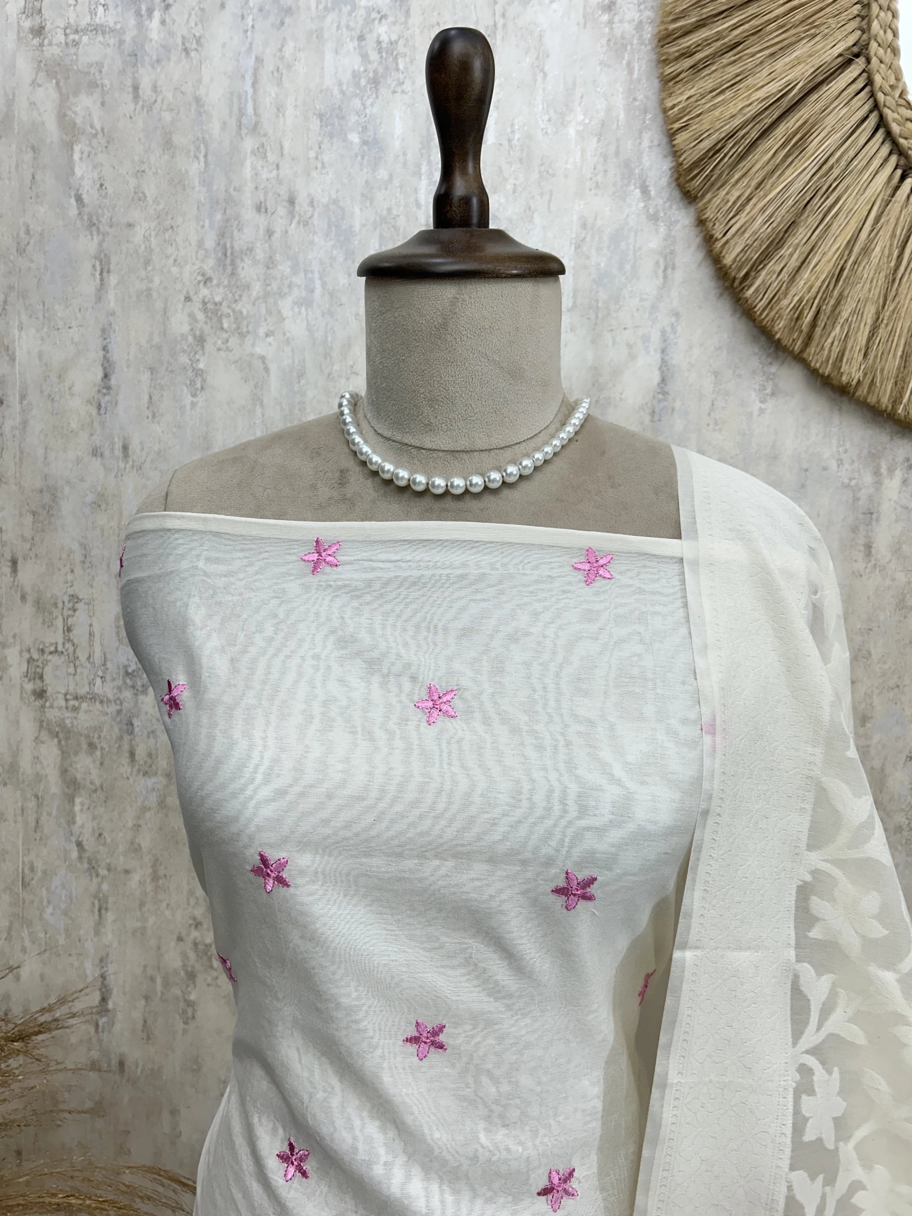 Thread Flamingo Pattern Mul Chanderi Unstitched Suit Set