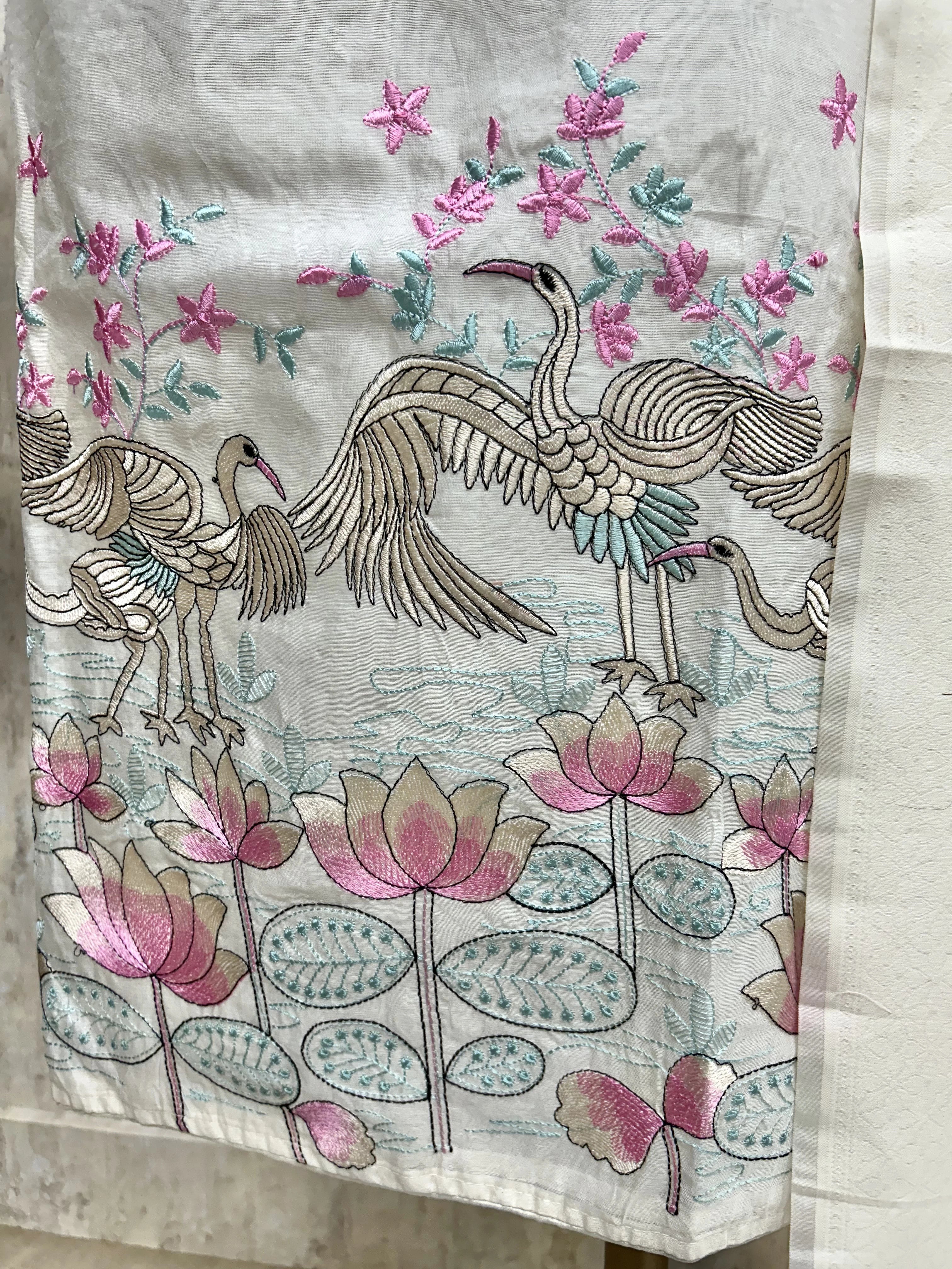 Thread Flamingo Pattern Mul Chanderi Unstitched Suit Set