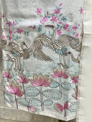 Thread Flamingo Pattern Mul Chanderi Unstitched Suit Set