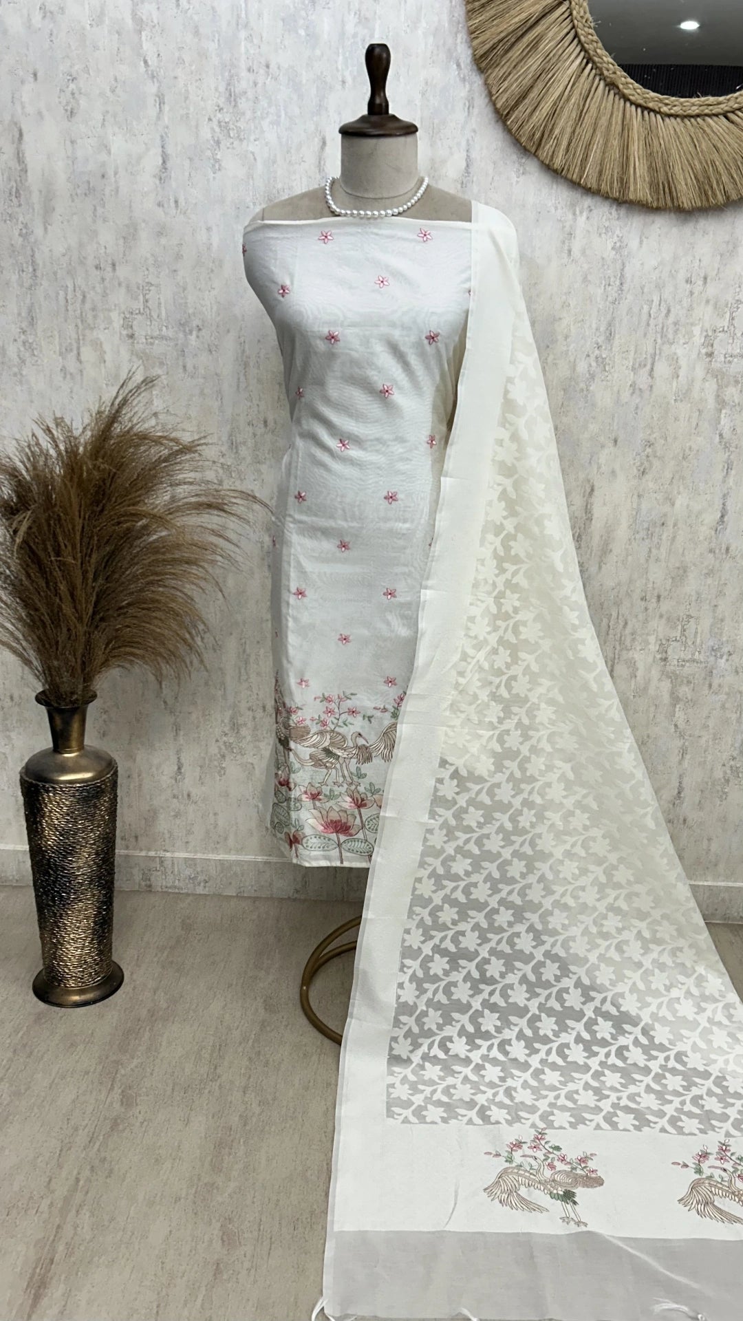 Thread Flamingo Pattern Mul Chanderi Unstitched Suit Set