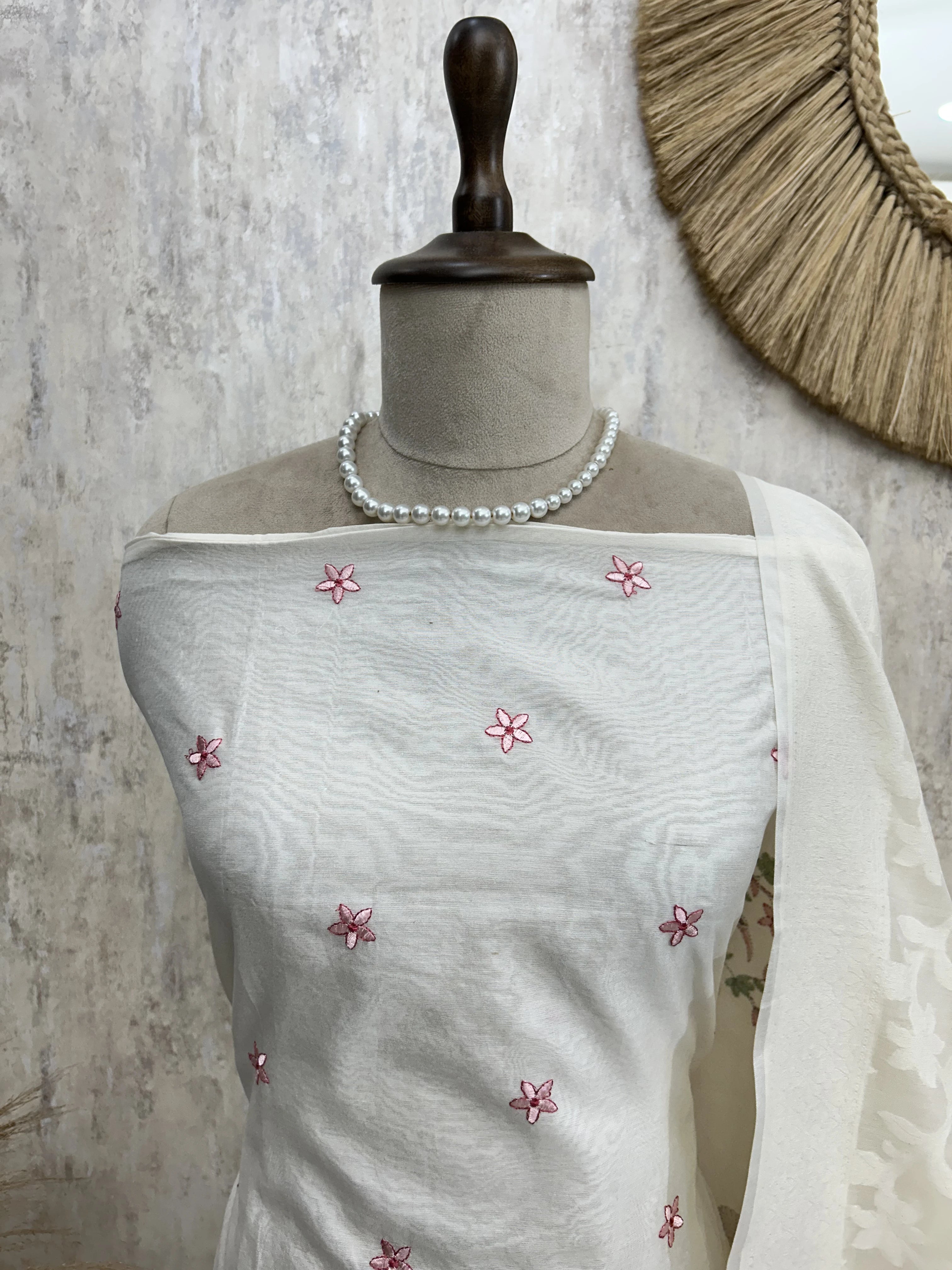 Thread Flamingo Pattern Mul Chanderi Unstitched Suit Set