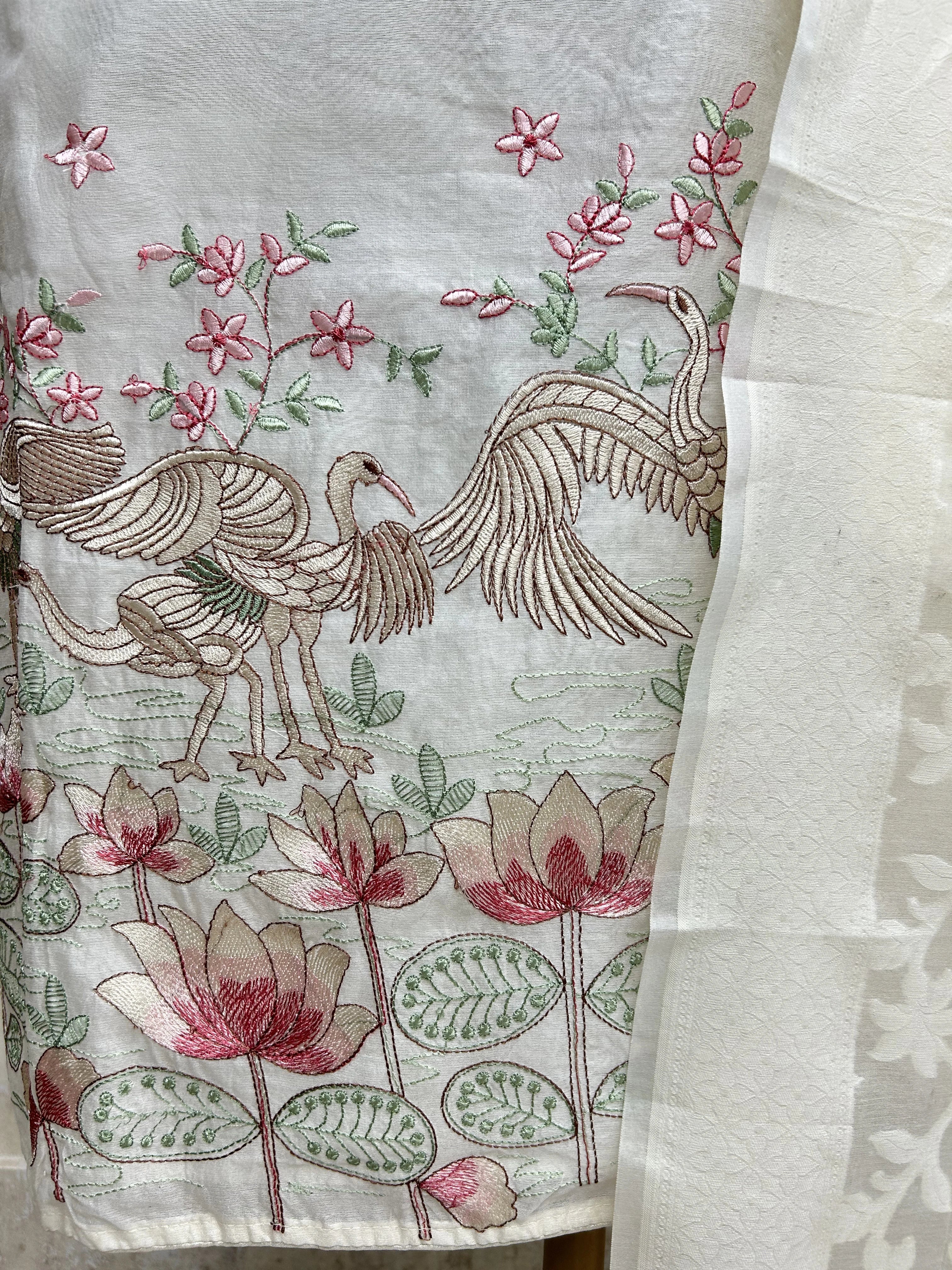Thread Flamingo Pattern Mul Chanderi Unstitched Suit Set