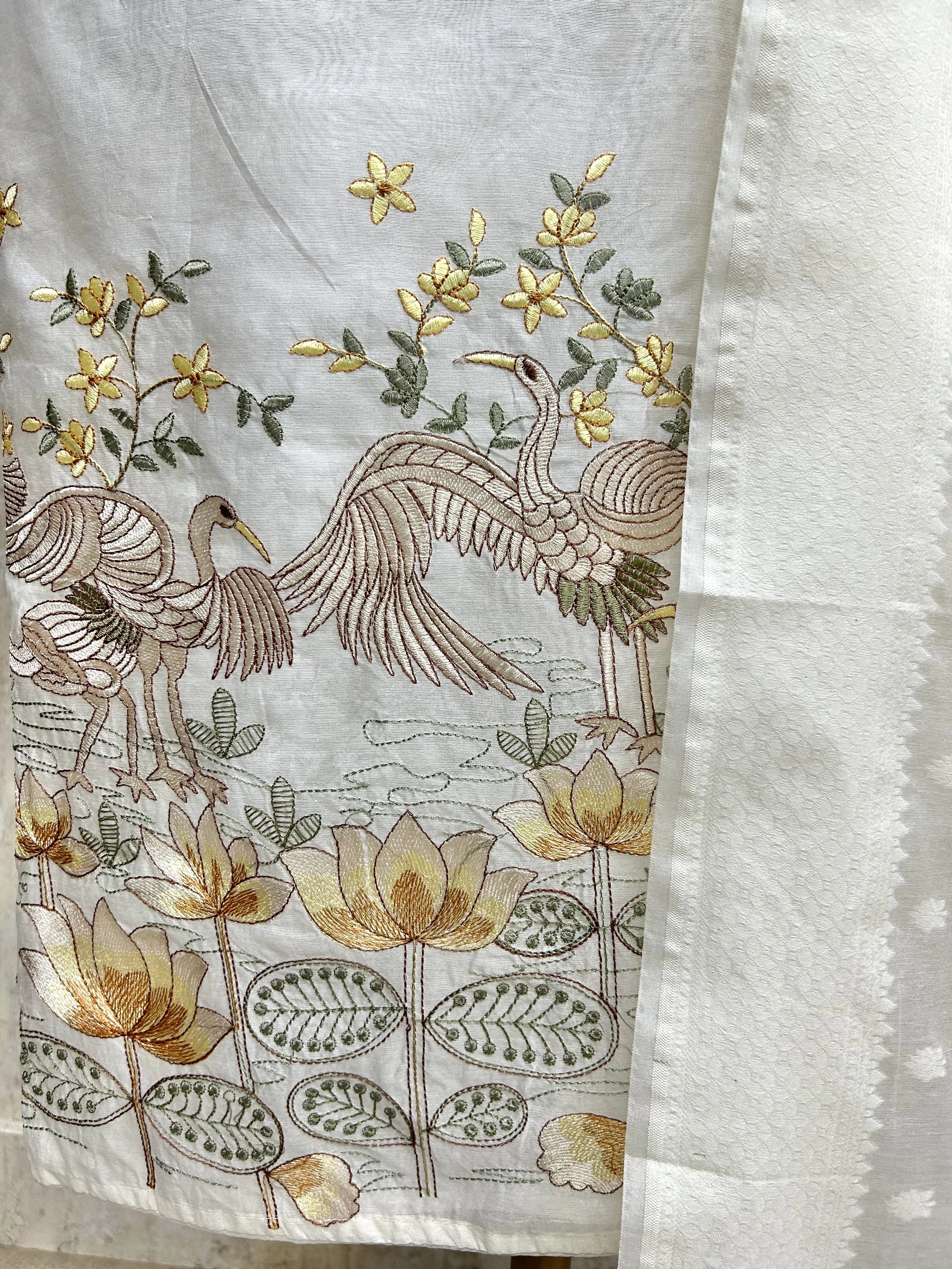Thread Flamingo Pattern Mul Chanderi Unstitched Suit Set