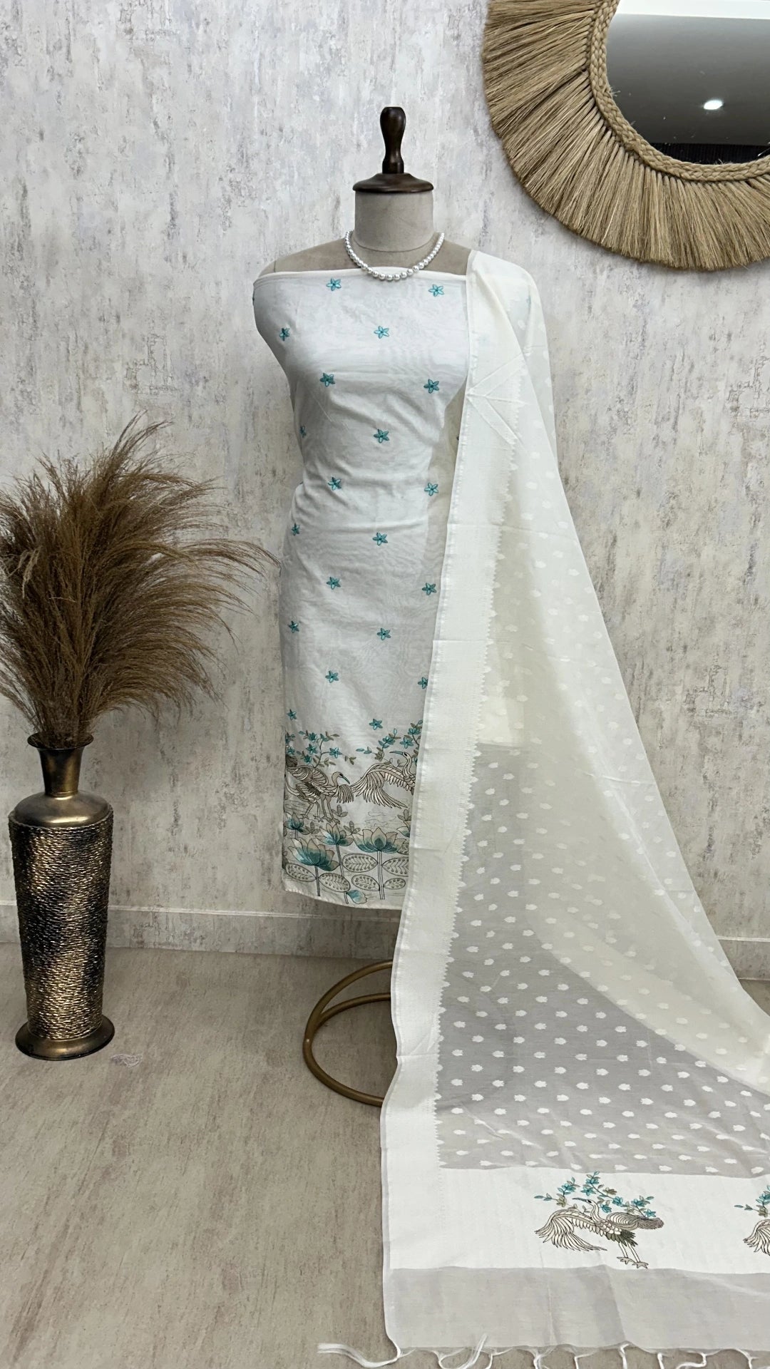 Thread Flamingo Pattern Mul Chanderi Unstitched Suit Set