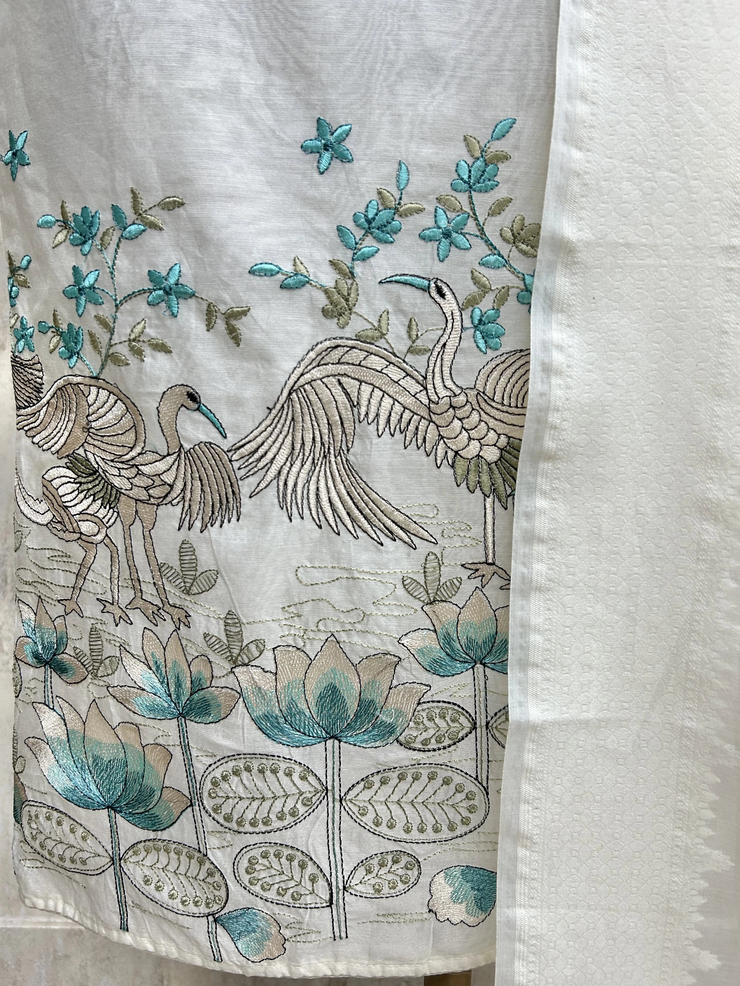 Thread Flamingo Pattern Mul Chanderi Unstitched Suit Set