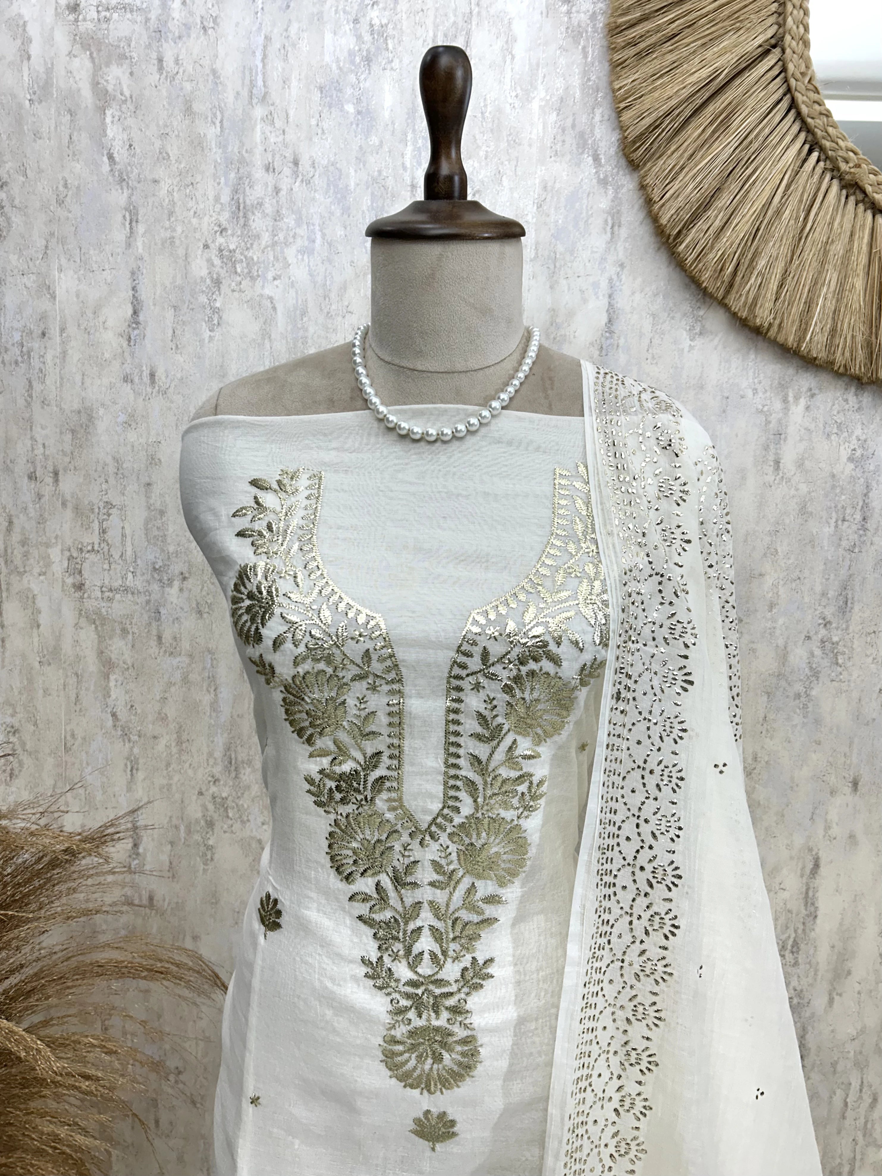 Pita Work Mul Chanderi Unstitched Suit Set