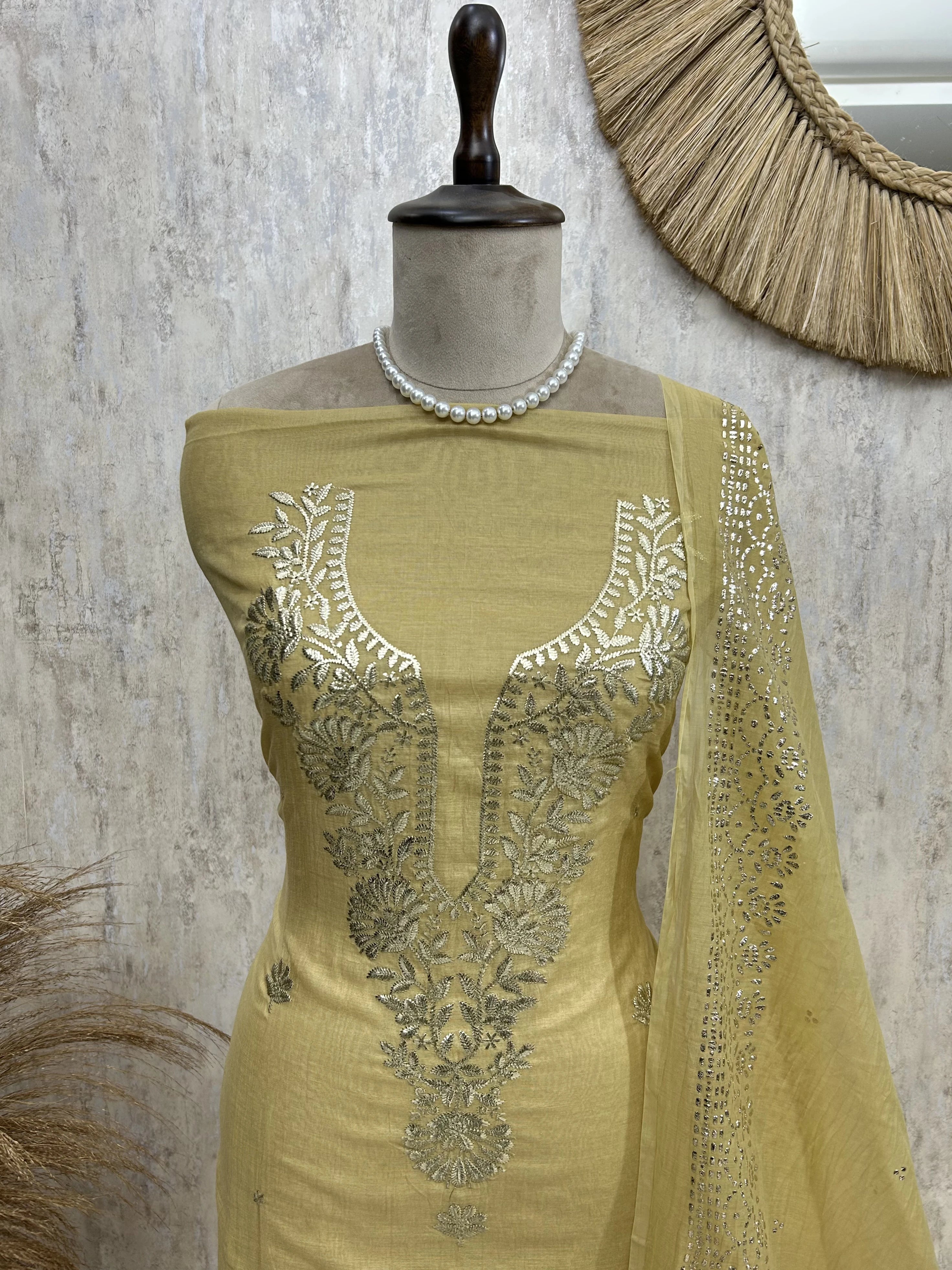 Pita Work Mul Chanderi Unstitched Suit Set