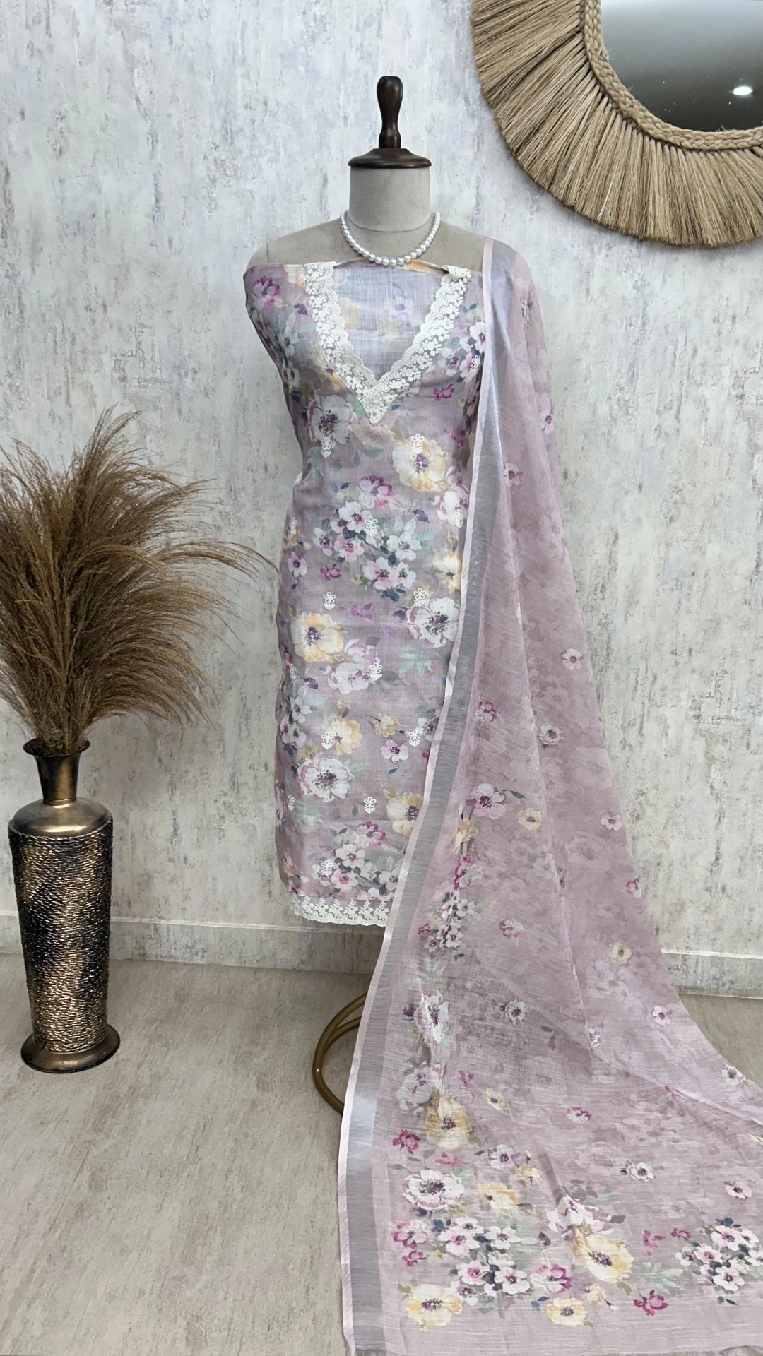 Petals Print Jamdani Linen Unstitched Suit Set