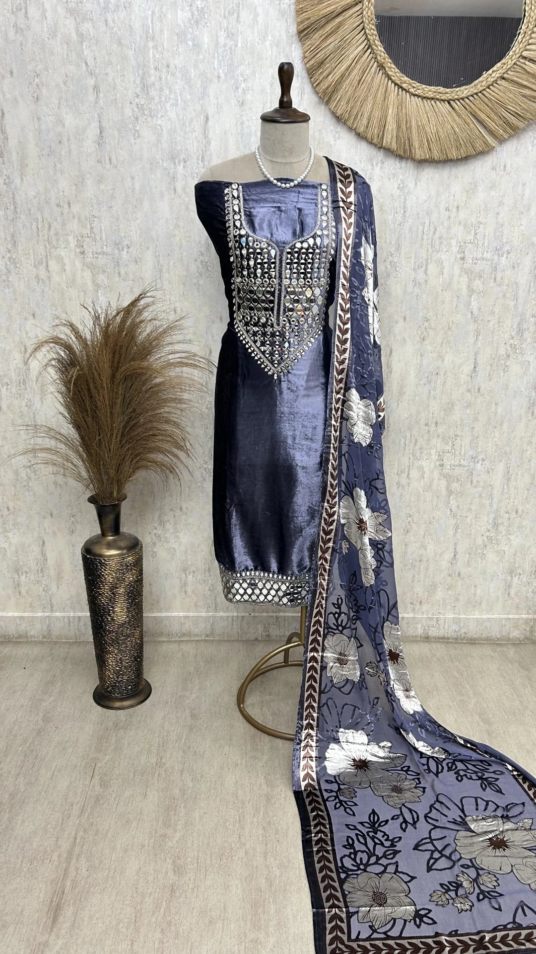 Velvet Unstitched Suit With Brasso Dupatta