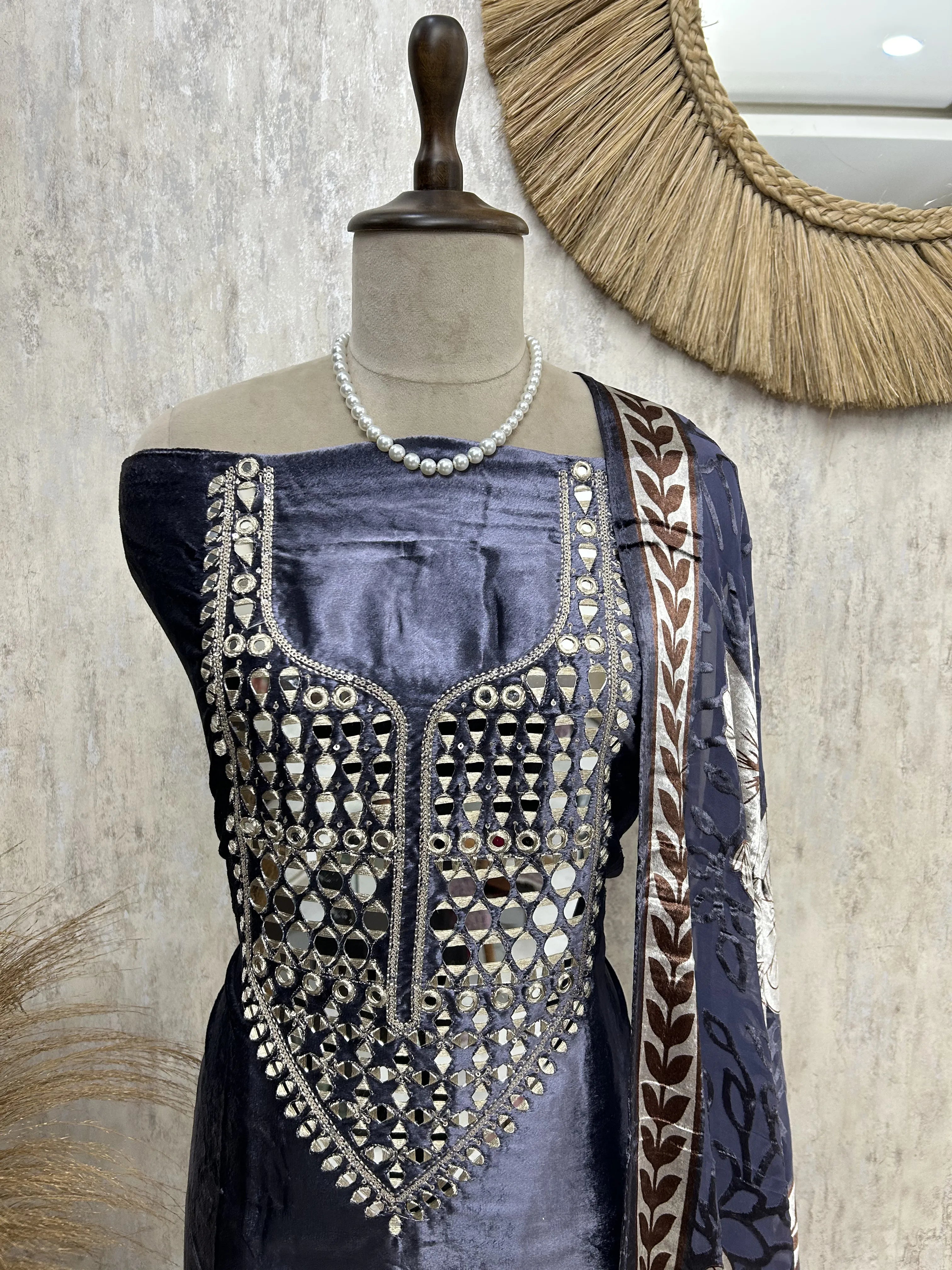 Velvet Unstitched Suit With Brasso Dupatta