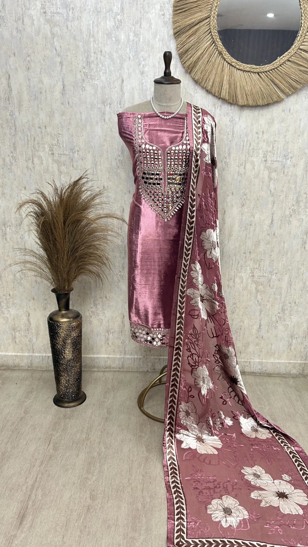 Velvet Unstitched Suit With Brasso Dupatta