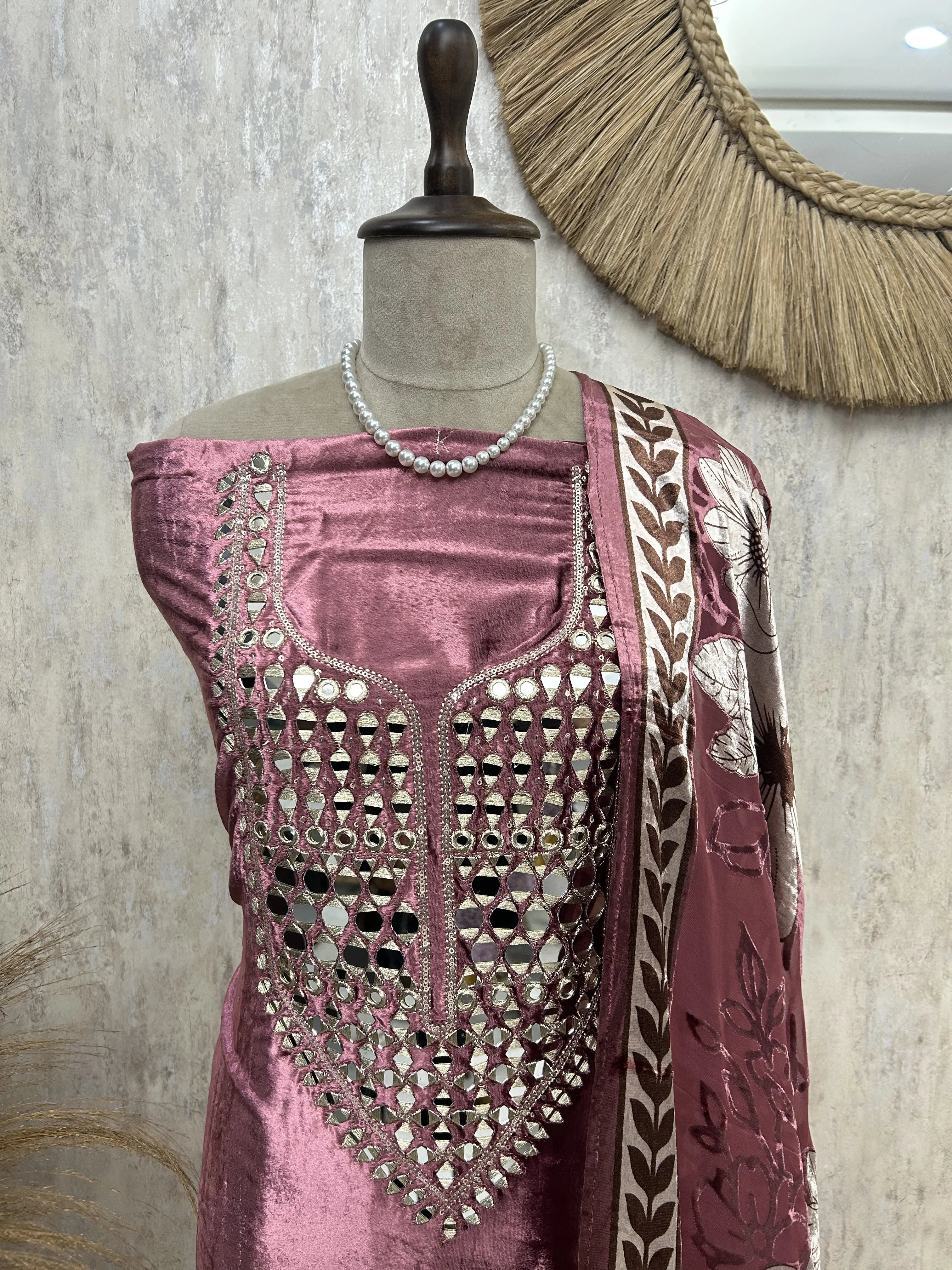 Velvet Unstitched Suit With Brasso Dupatta