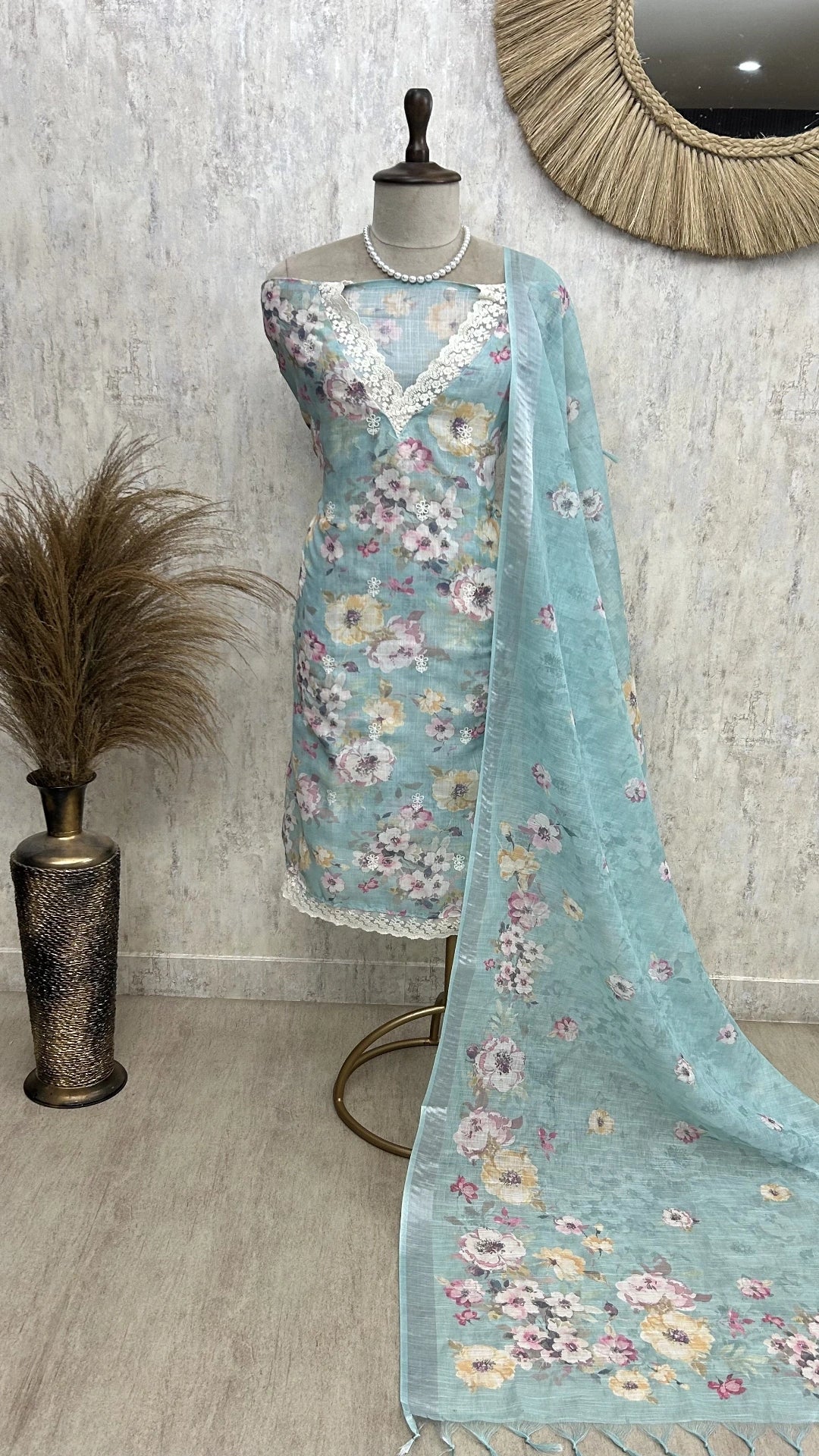 Petals Print Jamdani Linen Unstitched Suit Set