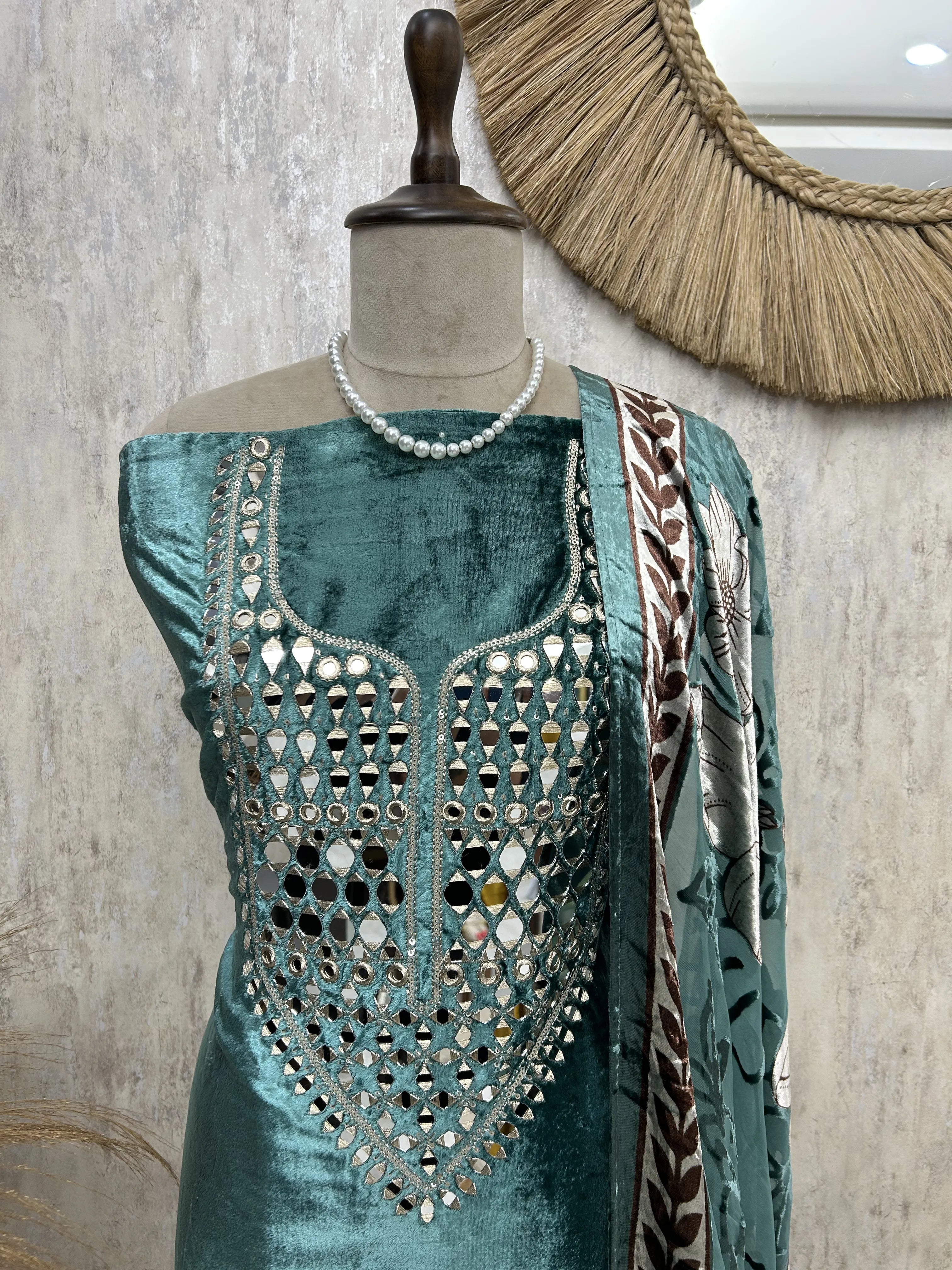 Velvet Unstitched Suit With Brasso Dupatta