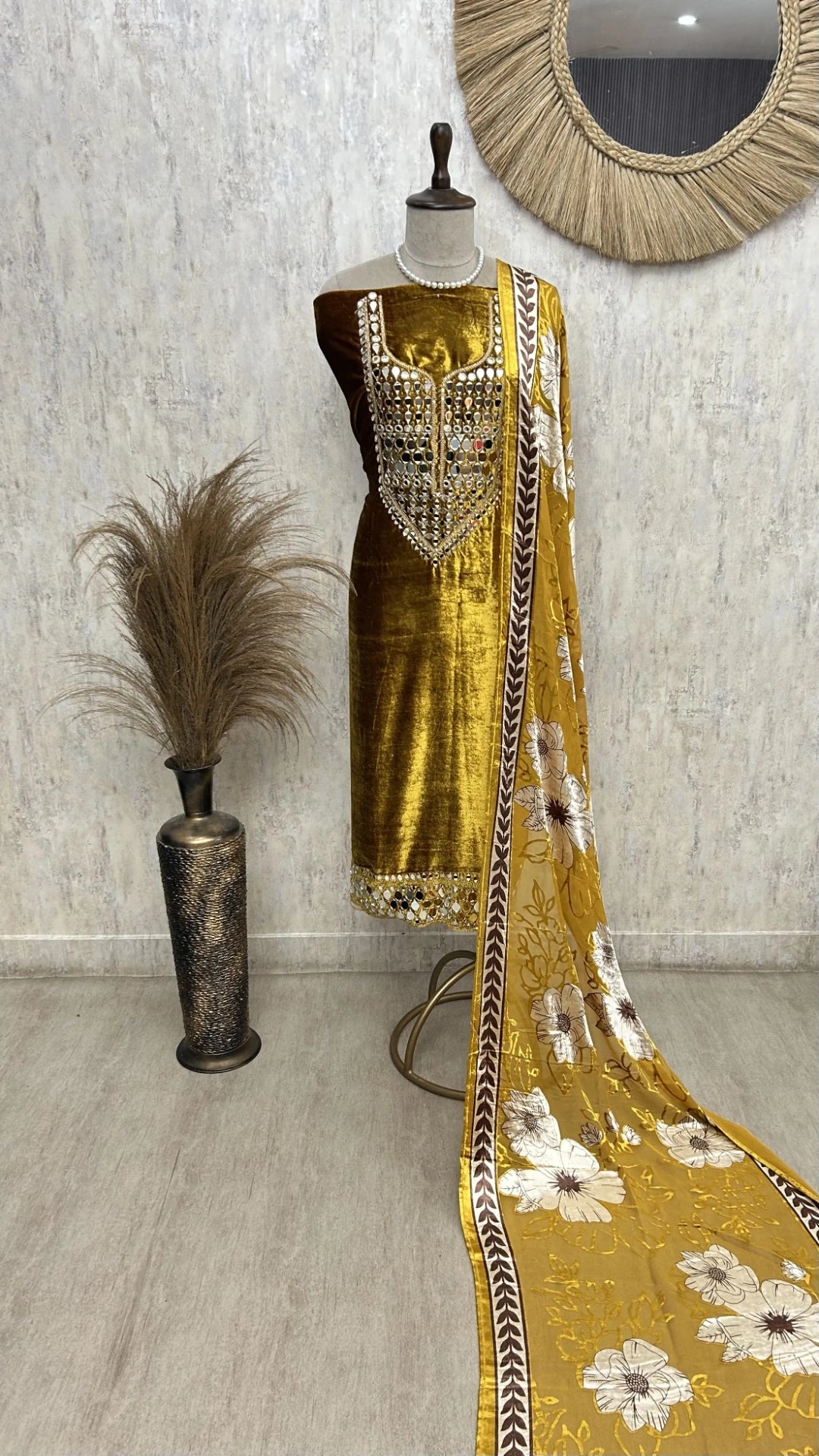 Velvet Unstitched Suit With Brasso Dupatta