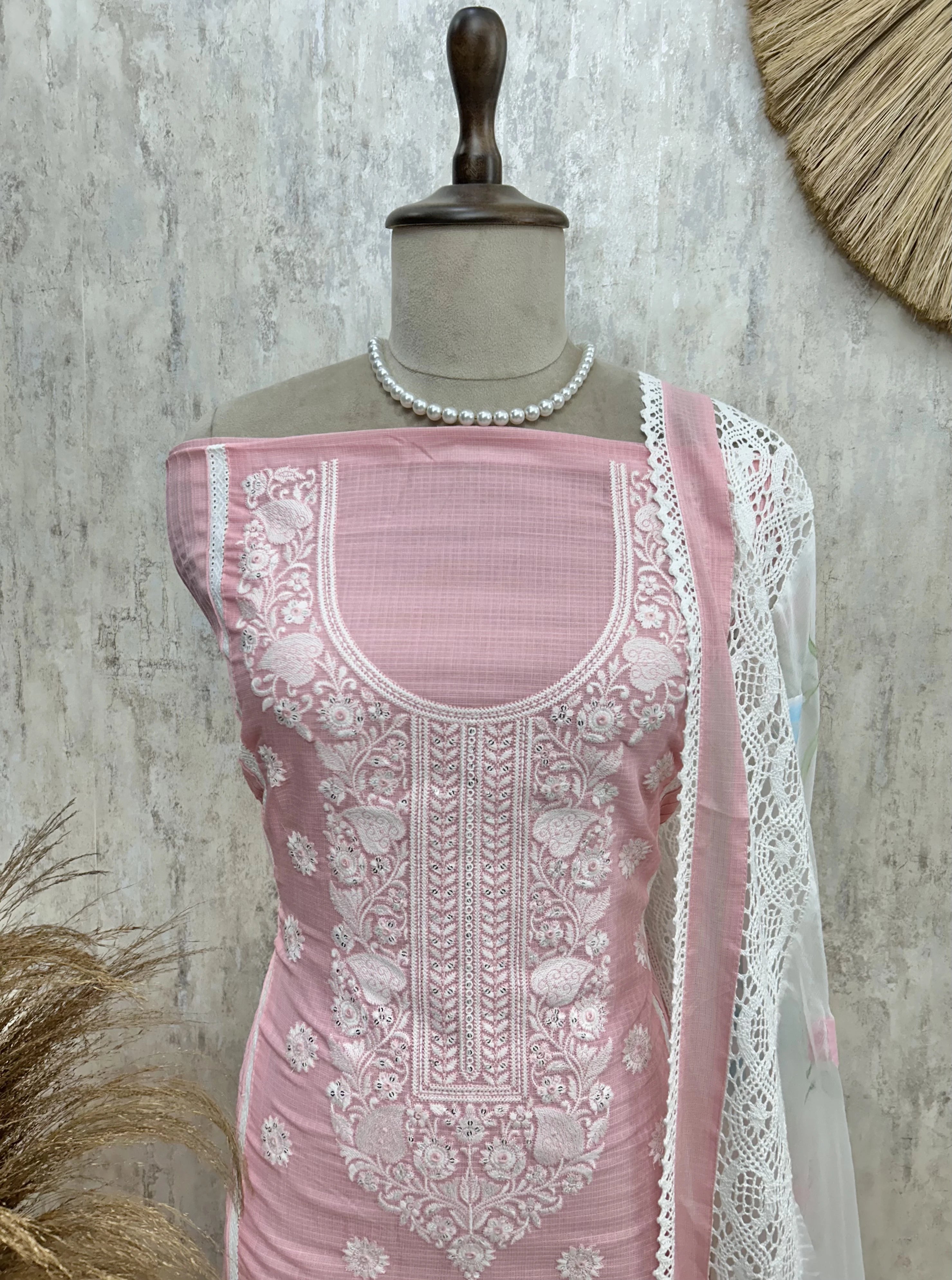 Thread Embroidered Neckline & Floral Motif Kota Unstitched Suit Set