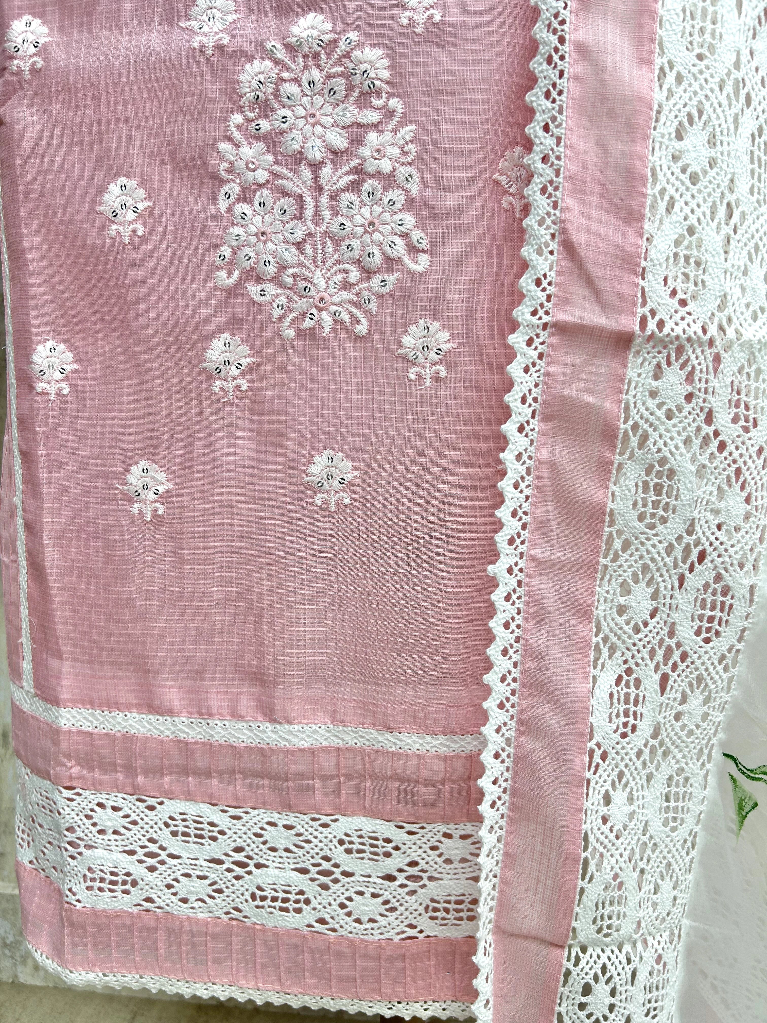 Thread Embroidered Neckline & Floral Motif Kota Unstitched Suit Set