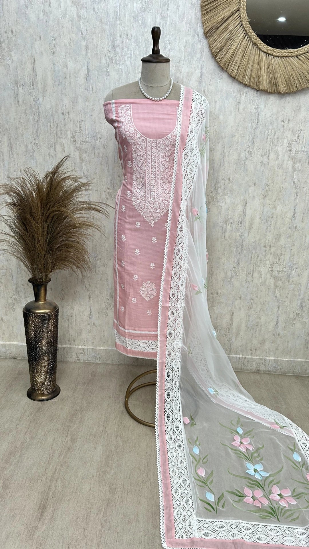 Thread Embroidered Neckline & Floral Motif Kota Unstitched Suit Set