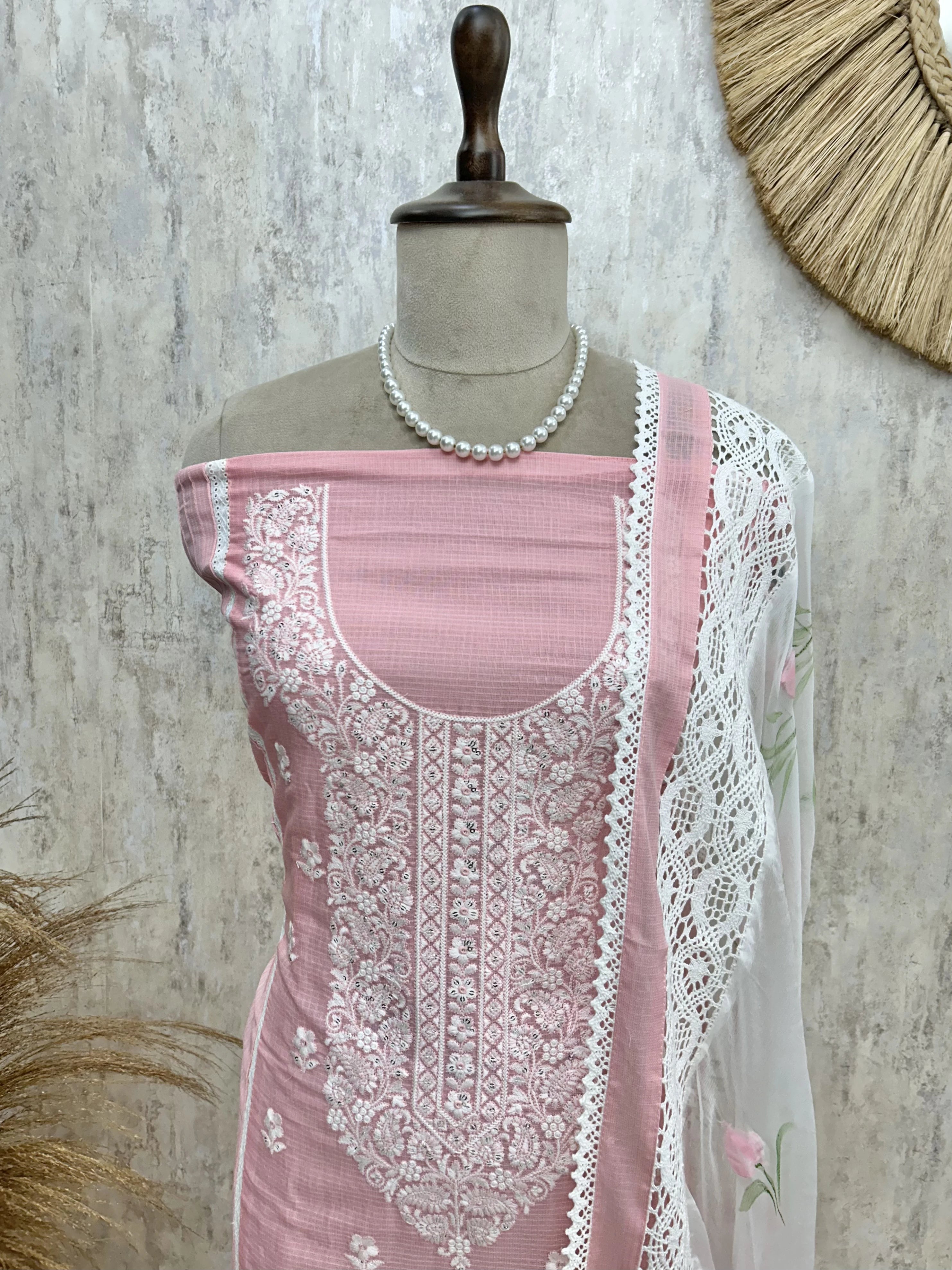 Thread Embroidered Neckline & Floral Motif Kota Unstitched Suit Set