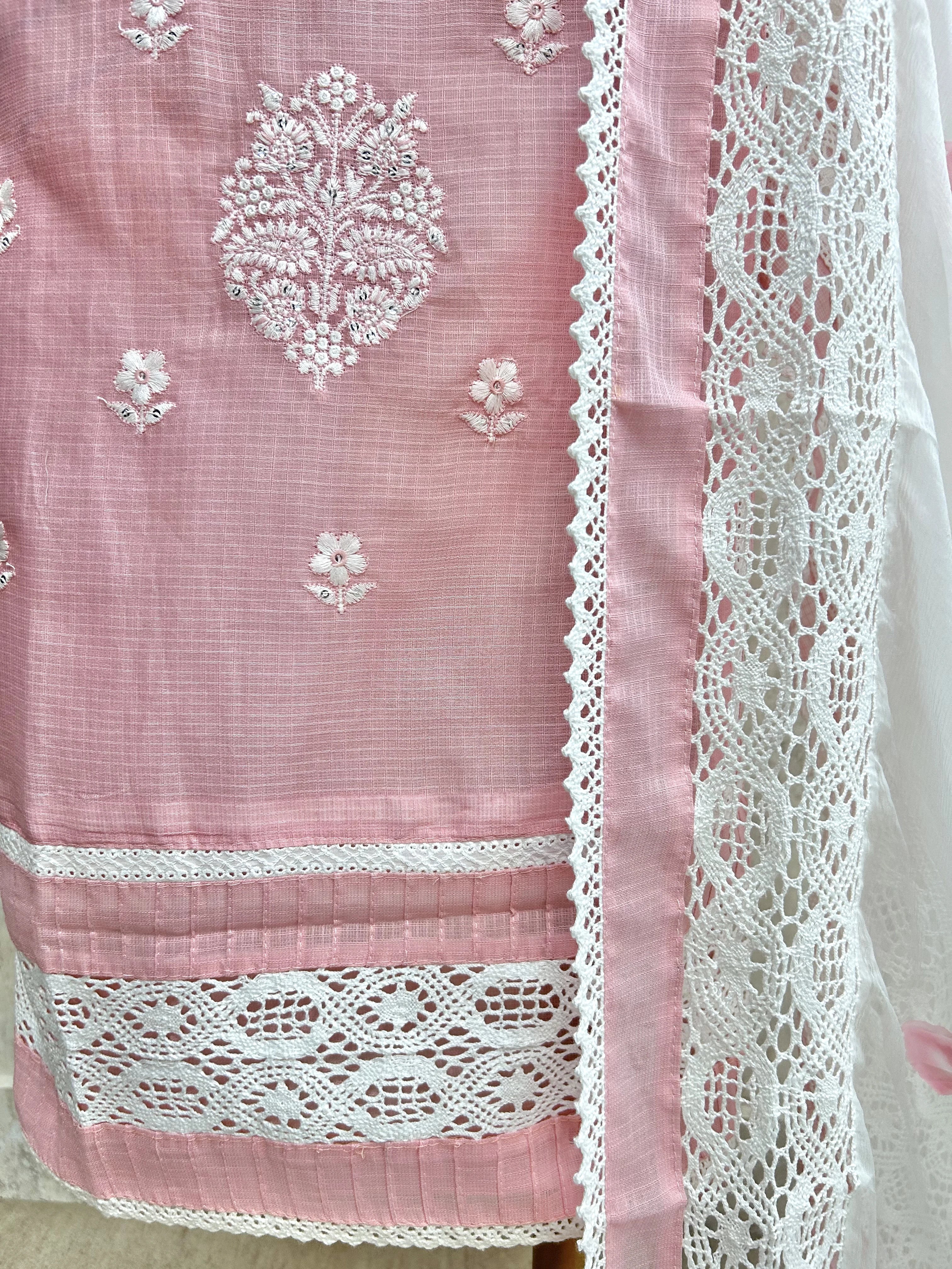 Thread Embroidered Neckline & Floral Motif Kota Unstitched Suit Set